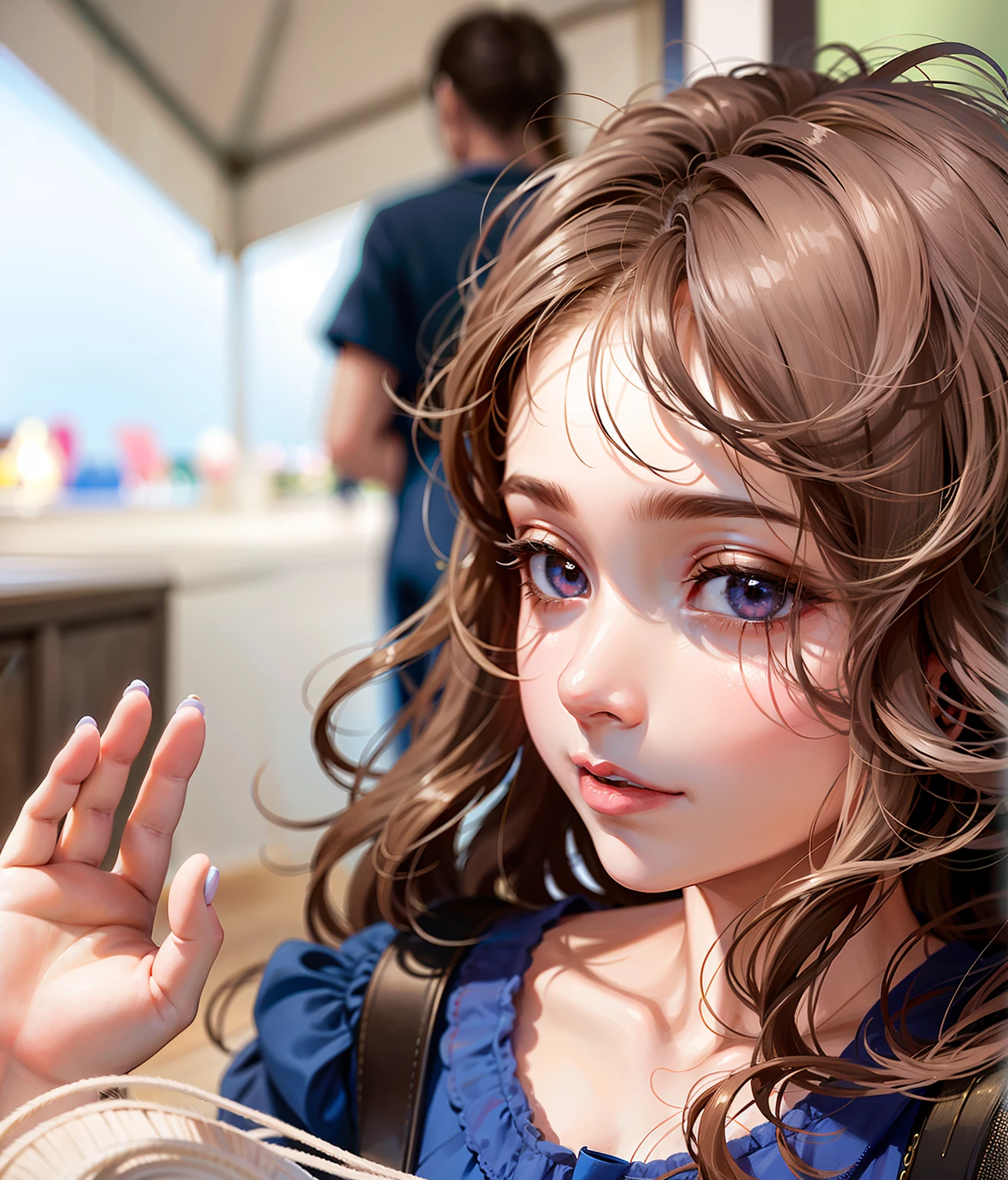 There's a young woman who's waving her hand, waving at the camera, wave a hand at the camera, cabelos castanhos e olhos grandes, tiny girl looking on, menina jovem bonito, looking to the side off camera, acenando e sorrindo, Looking directly at the camera, large eyes and flowing long hair, looking-into-camera, foto retrato suave 8 k