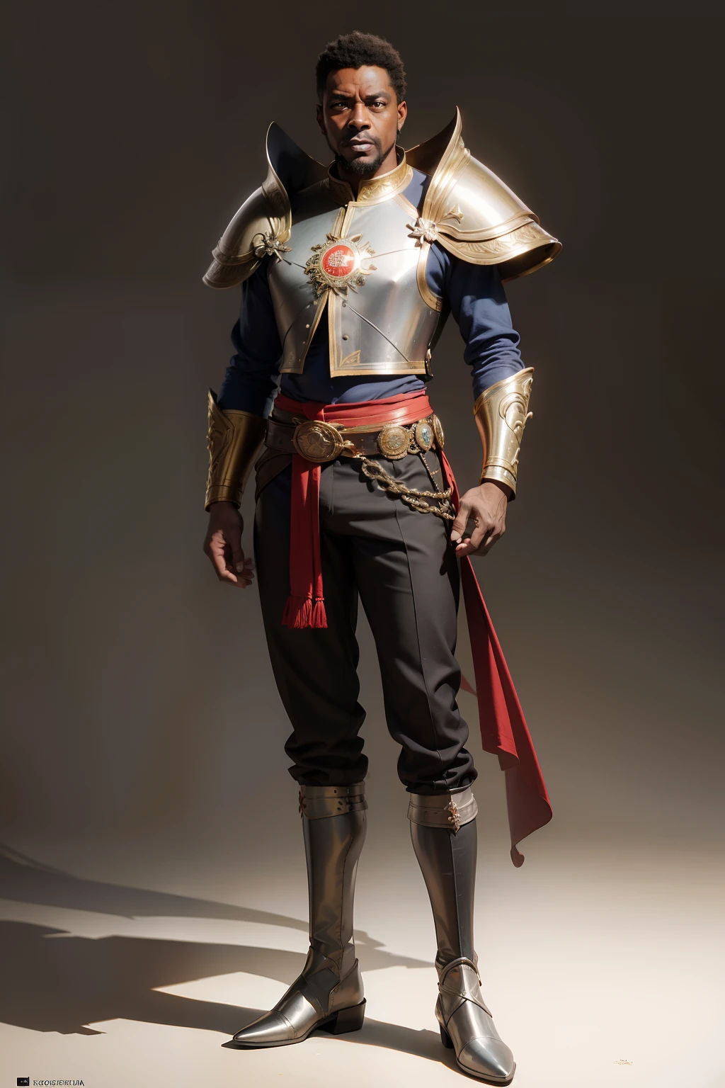 realista, homem de 40 anos, afrodescendente, pele negra, alquimista, roupa luxuosa, fantasia, armadura medieval, pants, bota, corpo inteiro