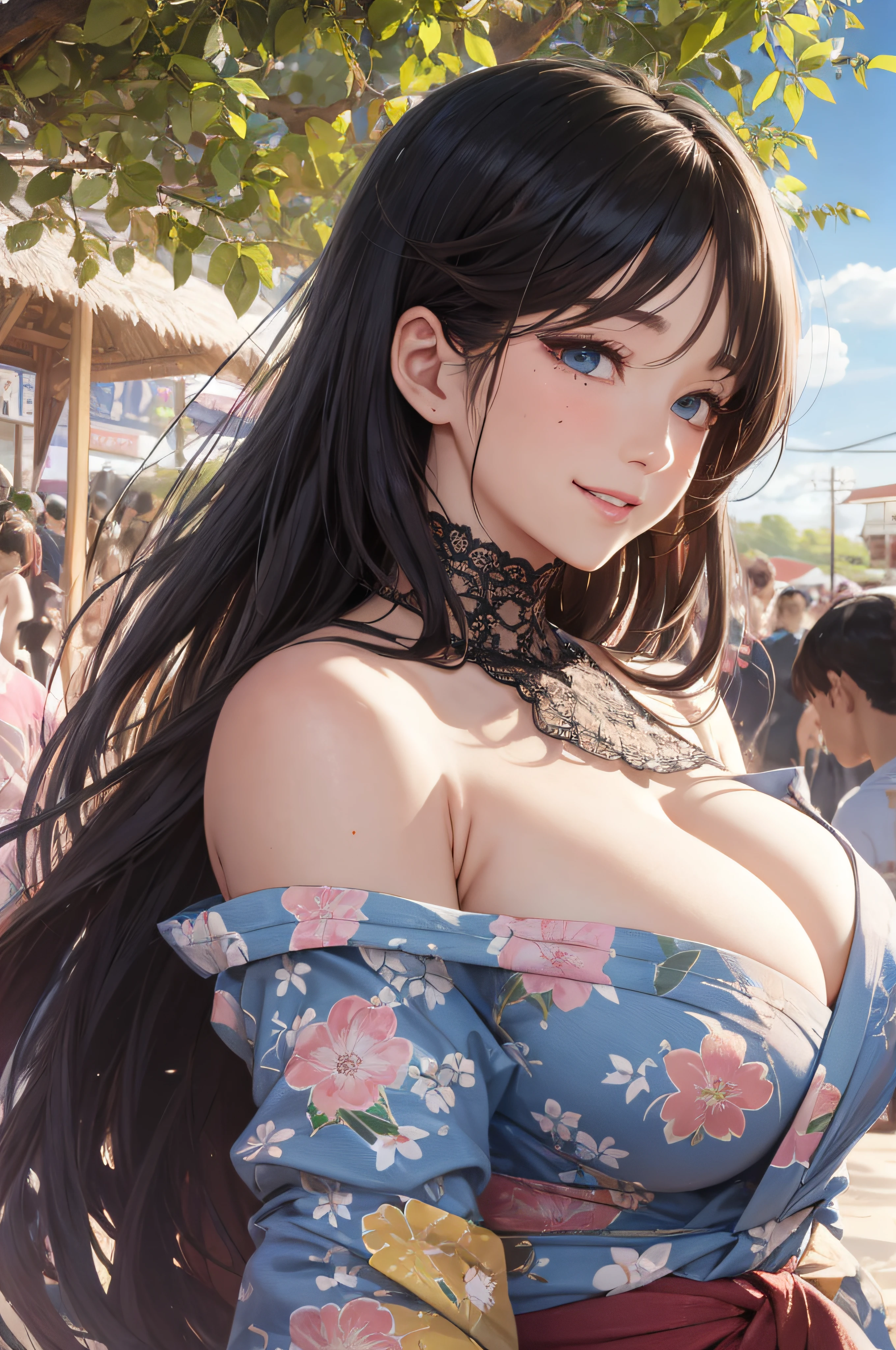 8K picture quality、top-quality、masutepiece、An ultra-high picture quality、ultra-detailliert、Ultra-realistic hair quality、Vibrant colors、Beautuful Women、Beautiful long hair、Shiny hair、detailed hairs、Blue Mesh、poneyTail、Blue eyes、shinny skin、Lace underwear、One mole on the chest、large pectoral muscles、Very gigantic-breasts、Sweat on the forehead and cheeks、extremely big ass、Fluffy off-shoulder yukata、A smile、soft pink lips、Ultra-realistic flesh feeling、Red cheeks、summer festival in background