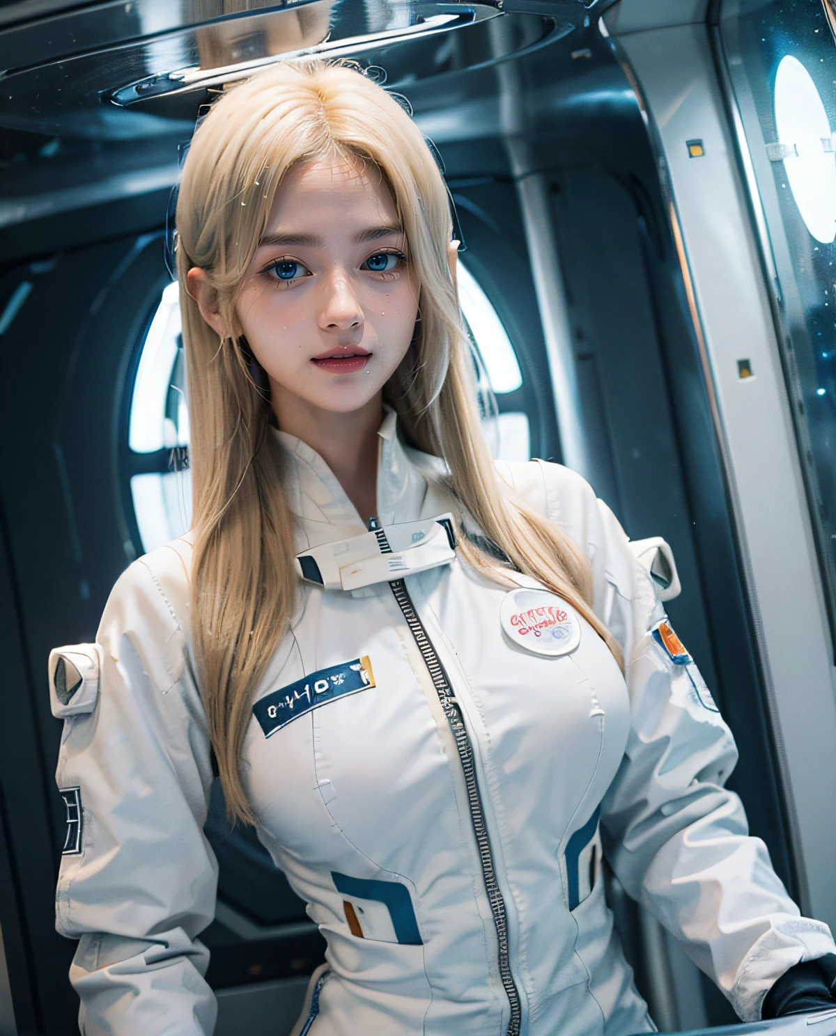 1girl, (Blue Eyes), smile, (Sana Minatozaki), wide hips, Big Boobs, big ass, (Best Quality, 8k, Masterpiece: 1.3), Clear Focus: 1.2, Perfect Body Beauty: 1.4 , Slender Abs: 1.2, Highly detailed face and skin texture, detailed eyes, double eyelids, (blonde long wet hair), (white spacesuit :1.4), (in a spaceship), (background galaxies)