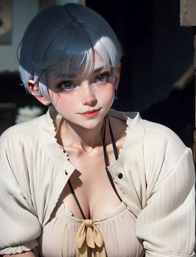 High quality, Best quality, Masterpiece, absurderes, Flushed face, ribbon, Red eyes, Light yellow hair, Short hair, Charming smile,Kizi, Torn clothes, Pieces of cloth,Full body photo,爆乳,cleavage,gigantic cleavage breasts,The breast is exposed,Oversized buttocks,Small man's waist,Prostitutes,Heavy makeup,Pornographic