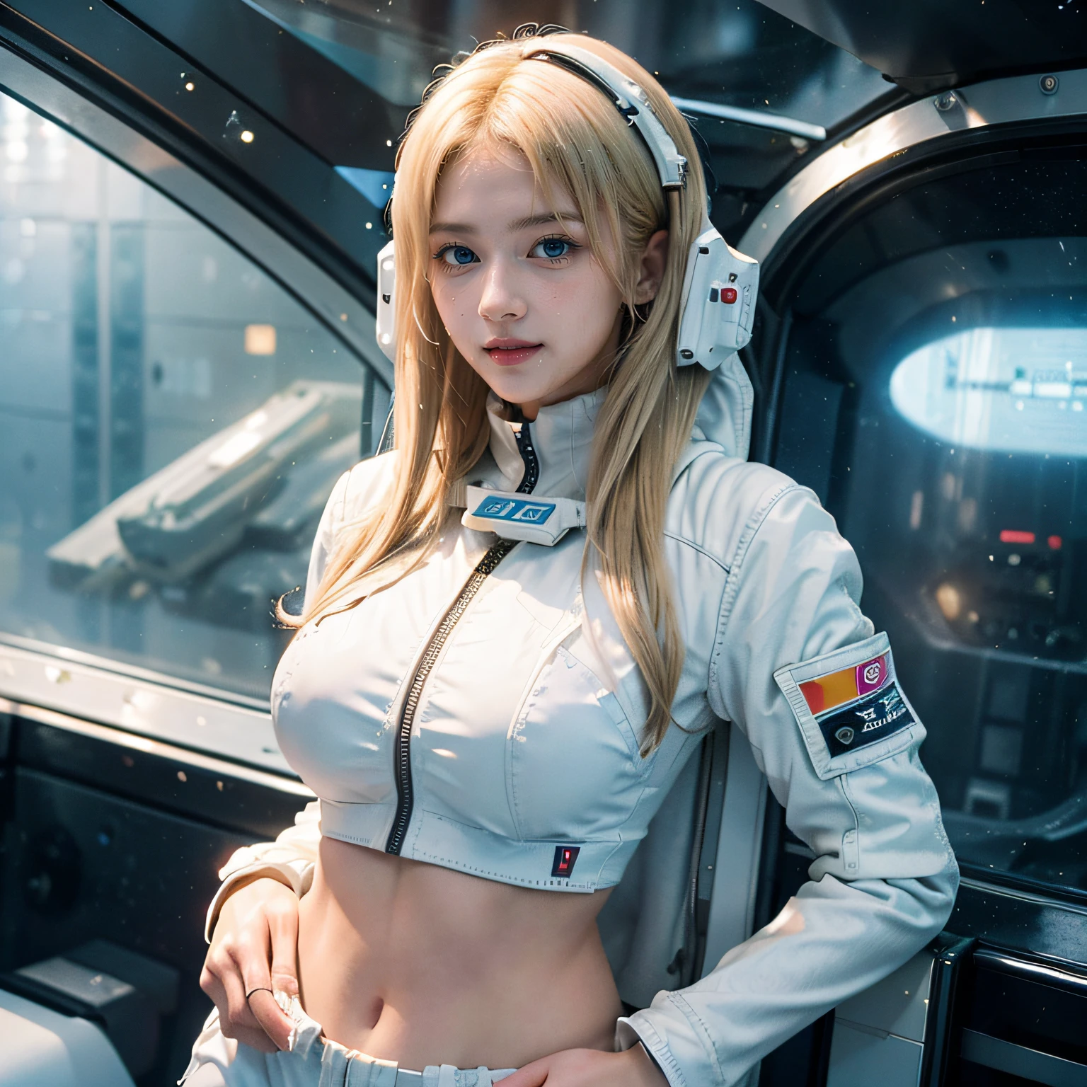1girl, (Blue Eyes), smile, (Sana Minatozaki), wide hips, Big Boobs, big ass, (Best Quality, 8k, Masterpiece: 1.3), Clear Focus: 1.2, Perfect Body Beauty: 1.4 , Slender Abs: 1.2, Highly detailed face and skin texture, detailed eyes, double eyelids, (blonde long wet hair), (white spacesuit :1.4), (in a spaceship), (background galaxies)