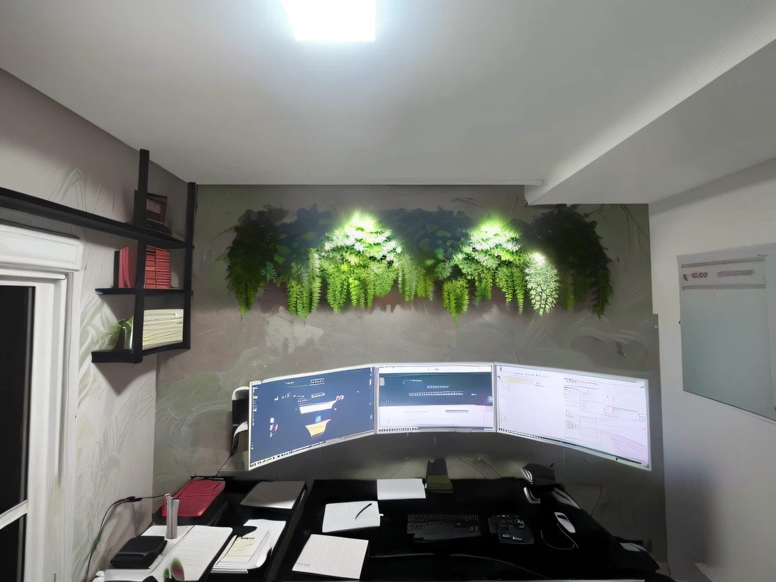 Add a huge ultra-realistic 3D vertical garden indoors with fern leaves and green tropical foliage with natural projection and texture fill the entire length of the square with only leaves with natural 3D projection,;Escuro, foco nítido, 8k