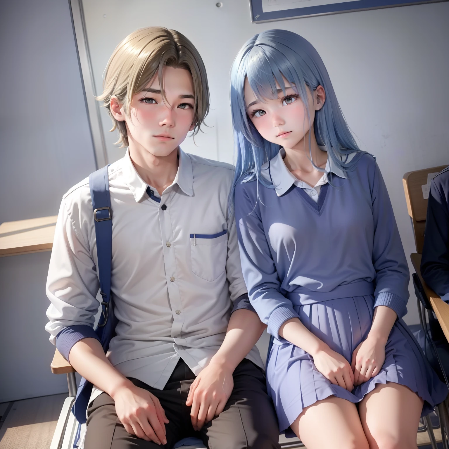 A close-up of a middle school couple，They wore school uniforms，in class room