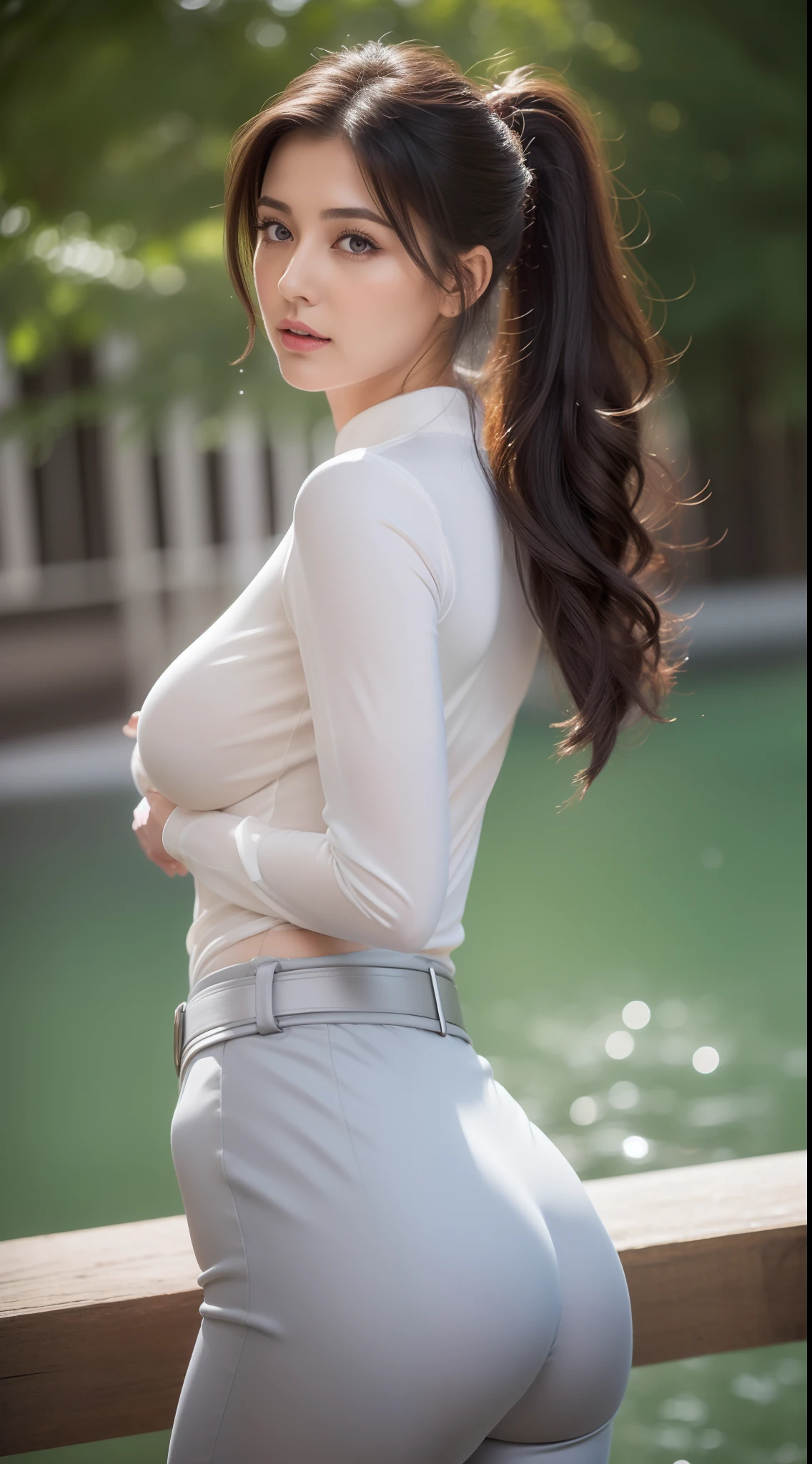 A stunning beautiful girl (detailed beautiful eyes, beautiful lips, beautiful nose, v shape face), detailed seductive exspression, ((masterpiece)), ultra hd, high resolution, high quality, 8 k quality, one person, a girl,perfect curvy body (shaggy small boobs, wide hips, thick thigh,big ass,cameltoe, thigh gap, curvy), wearing secretary outfit ( tight white long sleeve shirt, belt,tight grey satin trouser), wet watered body detailed, water on body, watery splash detailed, wet watere outfit detailed, ponytail, long black hair, shot from below, showing perfect beautiful thigh gap, show that cameltoe, teaseing with cameltoe, hands up, emphasized cameltoe
