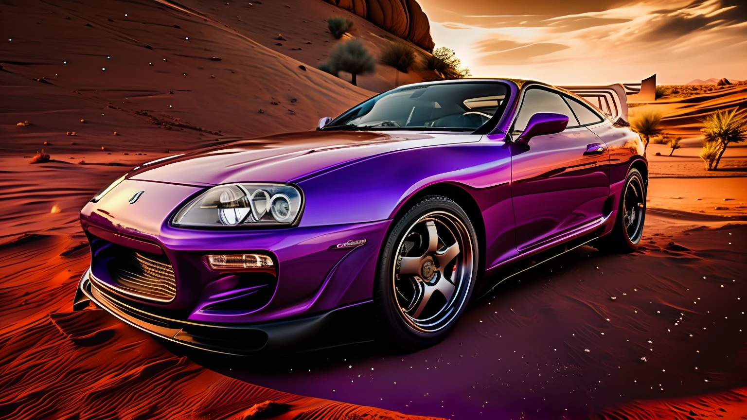 Create a purple lanborguini car in the desert lifting sand