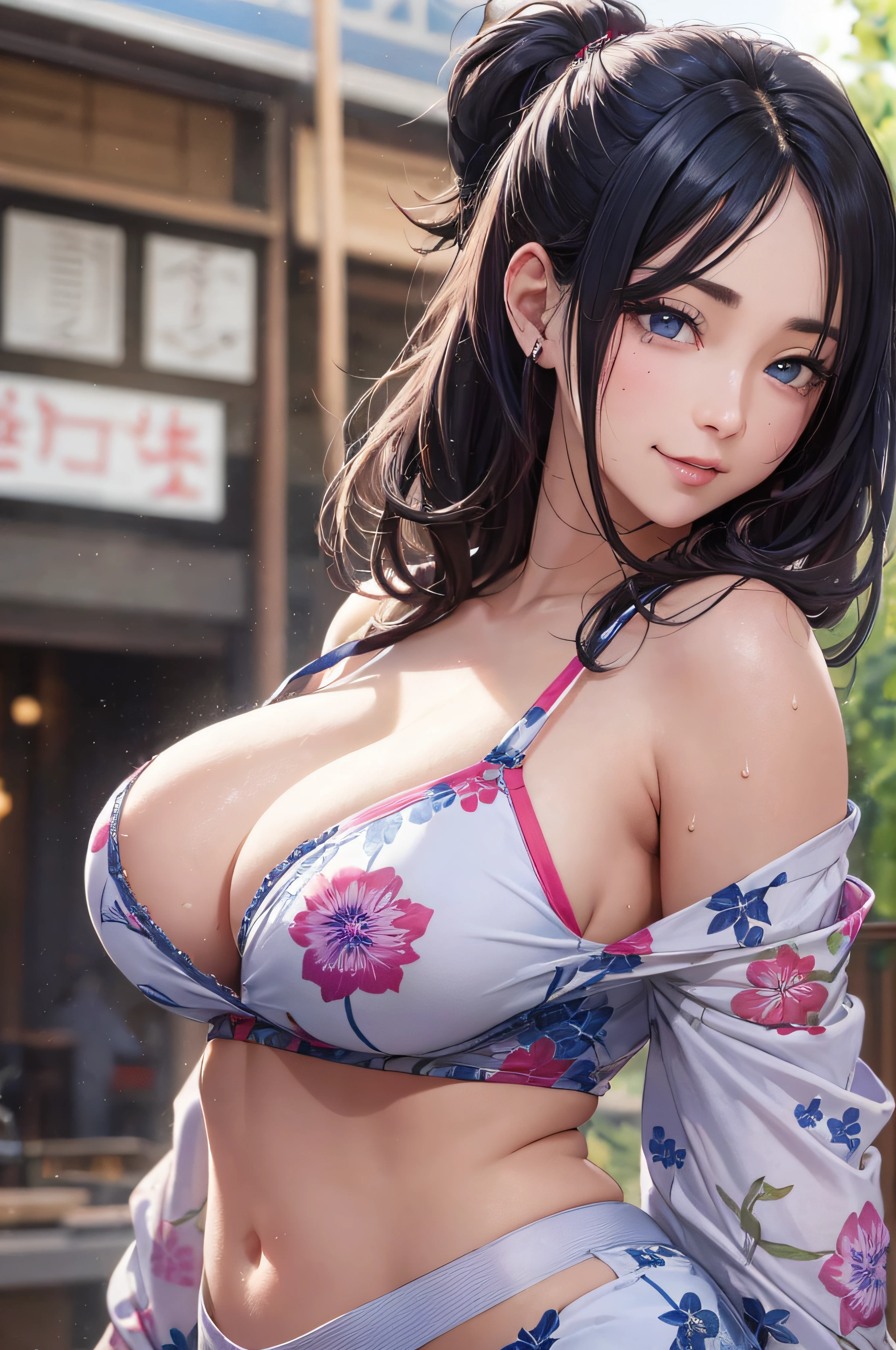 8K picture quality、top-quality、masutepiece、An ultra-high picture quality、ultra-detailliert、Ultra-realistic hair quality、Vibrant colors、Beautuful Women、Beautiful long hair、Shiny hair、detailed hairs、Blue Mesh、poneyTail、Blue eyes、shinny skin、Lace underwear、One mole on the chest、large pectoral muscles、Very gigantic-breasts、Sweat on the forehead and cheeks、extremely big ass、Fluffy off-shoulder yukata、A smile、soft pink lips、Ultra-realistic flesh feeling、Red cheeks、summer festival in background
