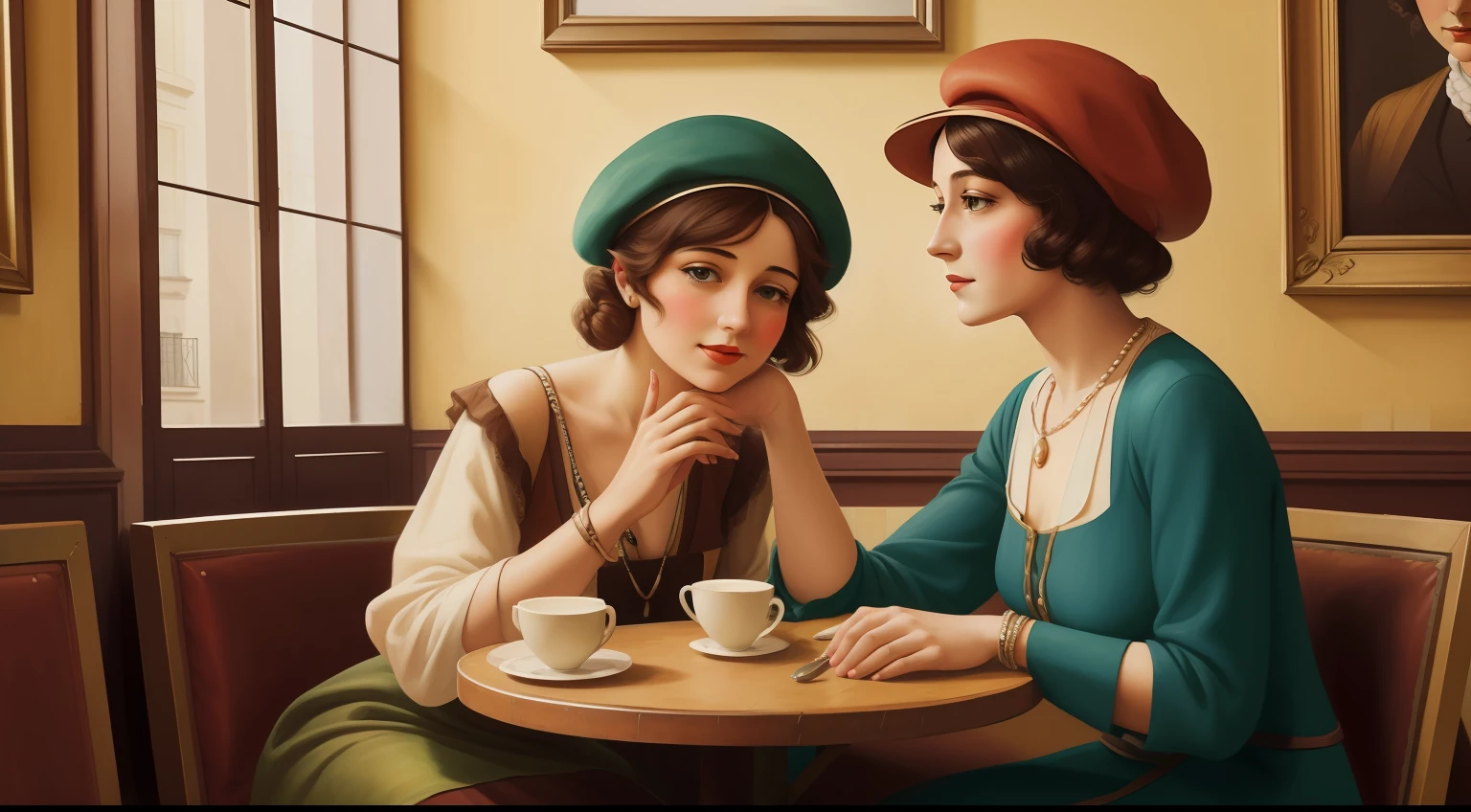 Date: 1922
Country: France
Description: In a Parisian café, a bohemian artist with a beret paints a portrait of a demure woman sitting at a table. Their creative energies converge as colors blend on the canvas, capturing the essence of the Roaring Twenties.