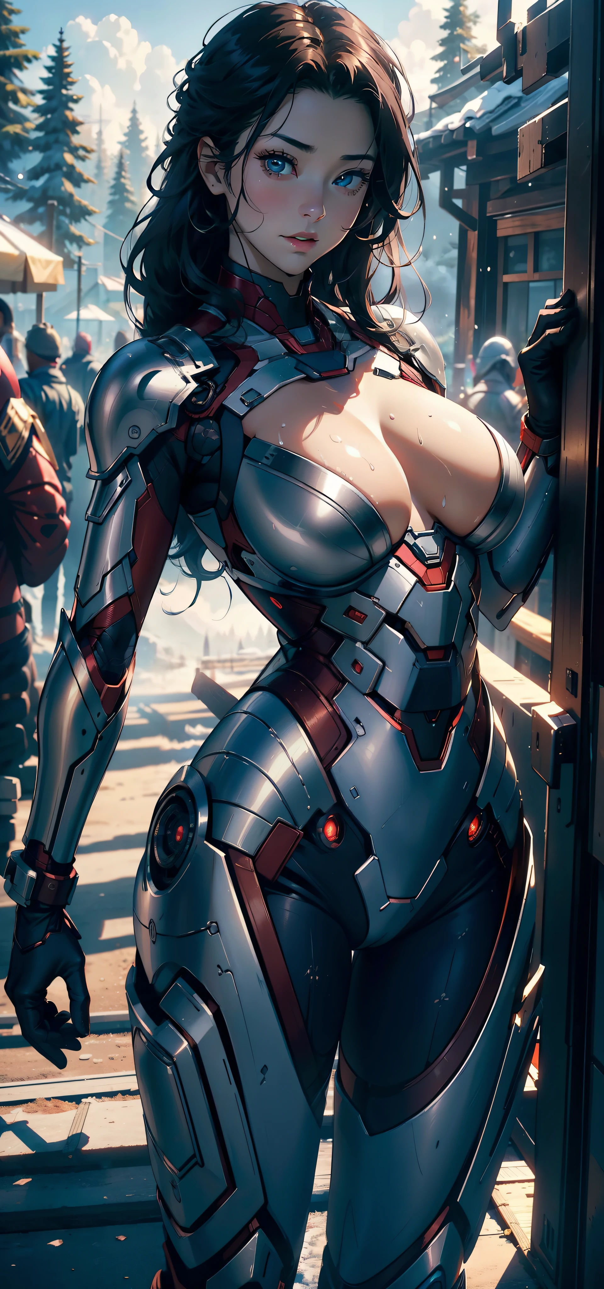 1female，25 age old，Large breasts，Pornographic exposure， 独奏，（Background with：ports，coniferous forest，at winter season，Snow on the ground） Feel free to hairstyle，standing on your feet，Sweat profusely，drenched all over the body，seen from the front， curlies， mostly cloudy sky，（（（tmasterpiece），（Very detailed CG unity 8K wallpaper），best qualtiy，cinmatic lighting，detailed back ground，beatiful detailed eyes，Bright pupils，（Very fine and beautiful），（Beautiful and detailed eye description），ultra - detailed，tmasterpiece，）），facing at camera，A high resolution，ultra - detailed）nakeness，，revealing breasts，Bare genitalia， Bulge，Camel toes，Raised sexy，Flushed complexion，Open-mouthed，frontage，Iron Man，scifi style，Armour