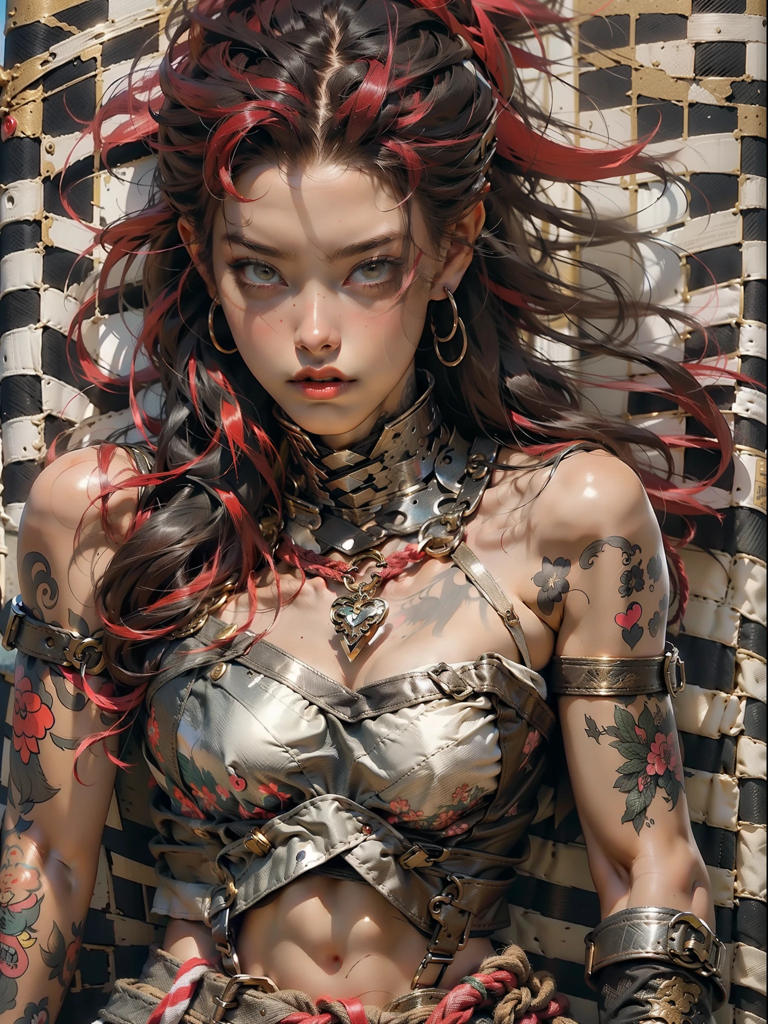 (((mulher))), (((melhor qualidade))), (((obra prima))), (((adulta))), Uma guerreira mulher de 35 anos com corpo perfeito, Brooklyn Gladiators, (( under boobs )), quase nua no estilo selvagem urbano de Simon Bisley para a capa da revista Heavy Metal, cabelo loiro, Minimum clothing, red and white checkered pattern, armadura, cheio de pontas e rebites, tatuagem tribal, (((do joelho pra cima))), cabelo desalinhado