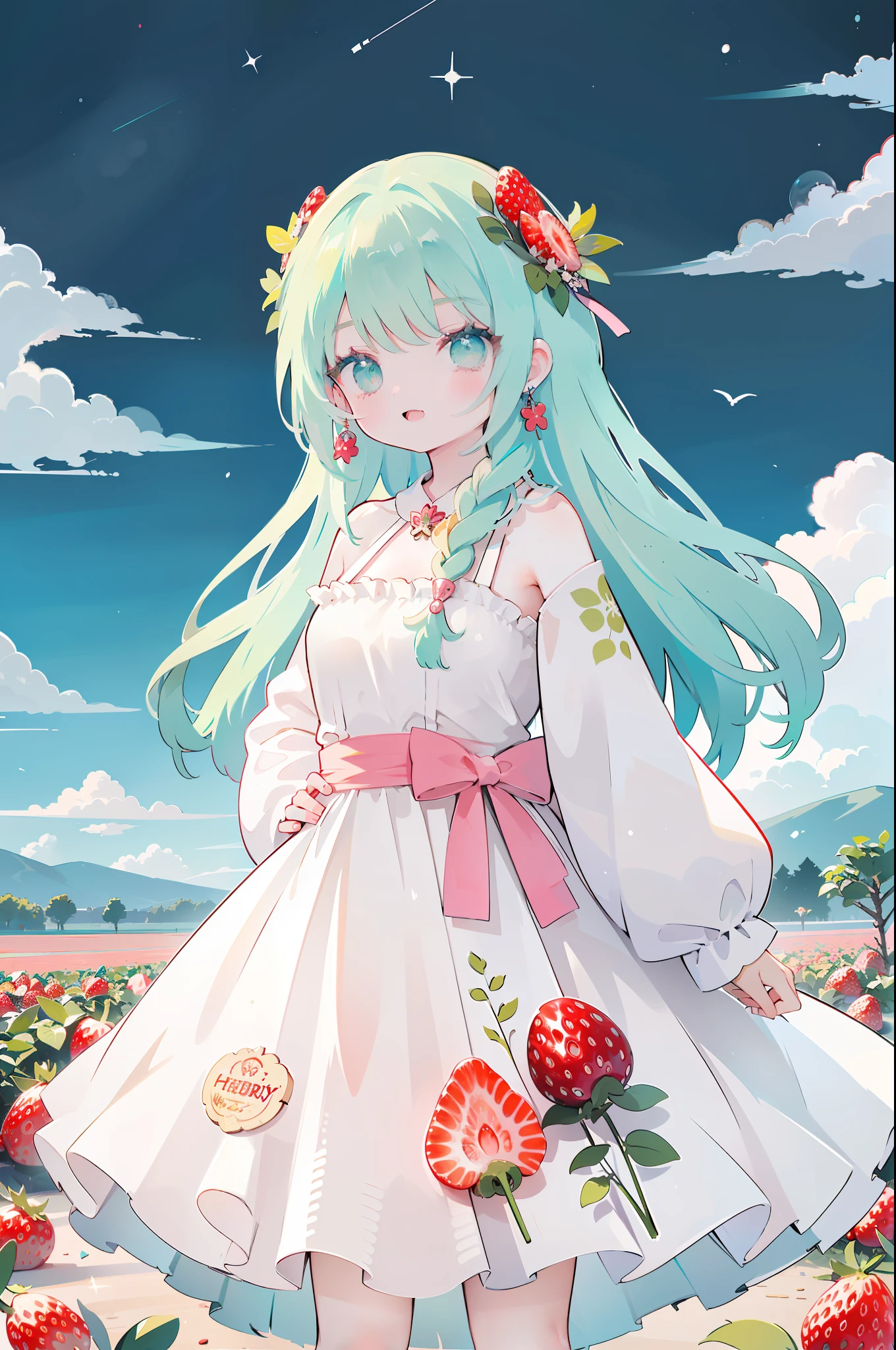 1girl, wearing a (rose print) dress, in a ((strawberry field)), happy and smiling, mythical world with giant fruit 🍓, foamy teal light muted color palette🎨, hands in hips, energetic, fashion dress, fruits, long hair in braids, foam green hair