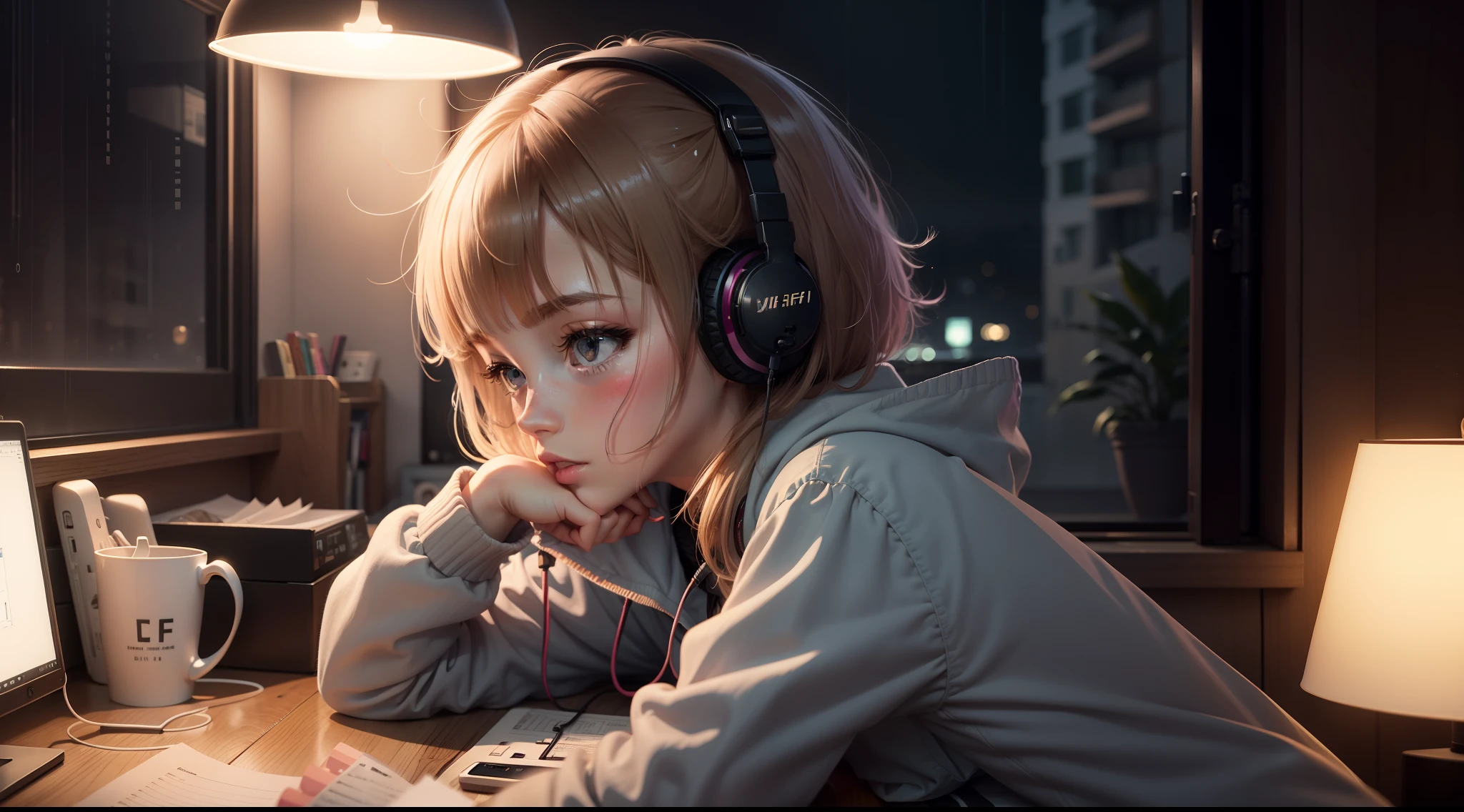 anime scene of girl sitting on the desk with listening music headphones ,night,