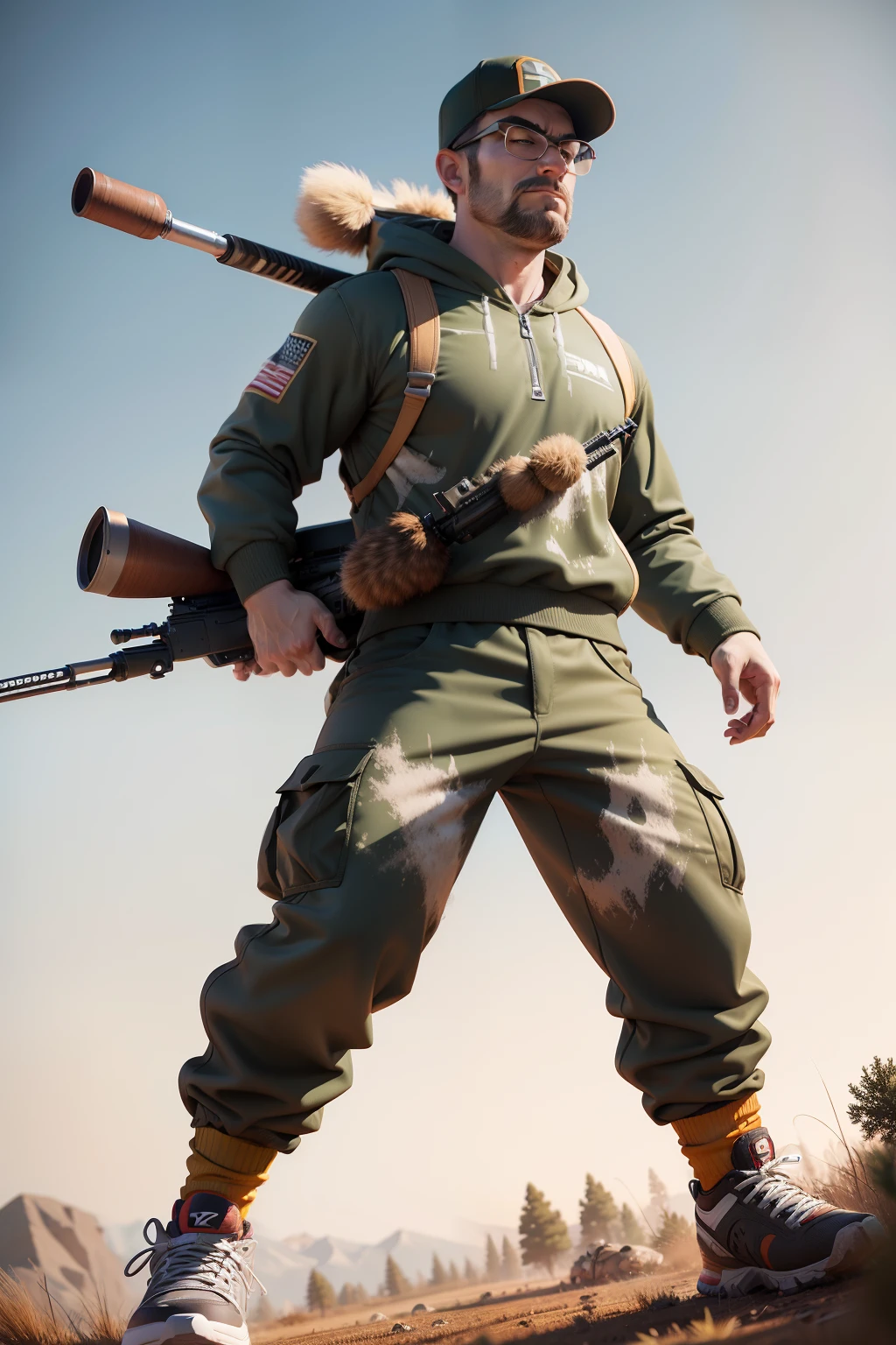 render cartoon character, funny, hilarious, very detailed, Pixar style, 3D rendering, dynamic angle and perspective full body shot zoomed out, dynamic caricatural stance of hunter in hunter attire carrying a hunting sport rifle , hunting sports clothing, isolated on white background