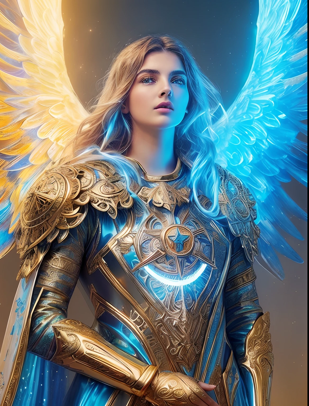 (((Holy GUARDIAN ANGEL. 19 years old))) (((IMAGEN VINTAGE RETRO))) ((( Con una cara seria y piadosa. Con una mirada dulce y tierna))) (obra maestra, calidad superior, mejor calidad, arte oficial, beautiful and aesthetic: 1.2), (1girl), extremadamente detallado, (Arte fractal: 1.3), colorido, highest detailed, Cara perfecta, parte superior del cuerpo, HDR, (orando: 1.3), (golden lines of white coat: 1.2), galaxia, (rayas de luz), eye-catching visuals, (dynamic stripes, senderos luminosos: 1.2), colores vibrantes,