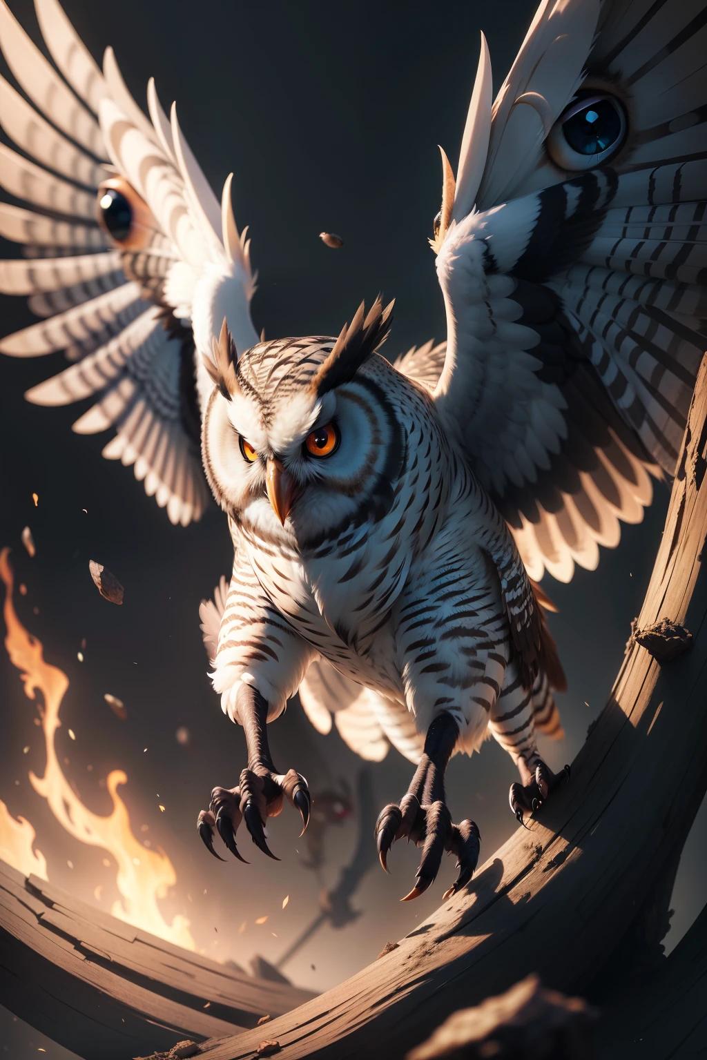 Hyper realistic owl, Full HD with three eyes wings attached to the body and claws coming out in attack
