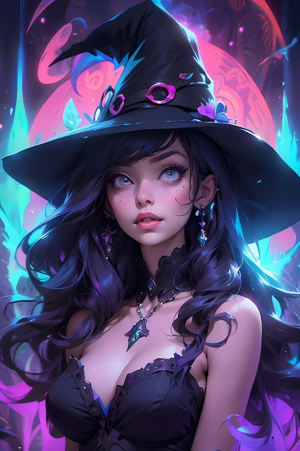 A portrait of a beautiful witch, (((multicolored hair, [PERFECT REALISTIC EYES])))), ultra realistic 8k CG, perfect face, flawless, clean, masterpiece, professional artwork, famous art, cinematic lighting, cinematic flower, perfect face, beautiful face, beautiful eyes, (((perfect female body, narrow waist))), beautiful queen, royal, divine, goddess, (royal palace), fantasy, dreamlike, unreal, science fiction, (huge breasts), beautiful clothes, lace, lace trim,  lacy legwear, nsfw, breasts out, absurdly long hair, very long hair, (rich: 1.4), prestige, luxury, intricate detail, delicate pattern, sexy, charming, seductive, seductive, erotic, charming, hair ornament, necklace, earrings, bracelet, armband, looking at the viewer,