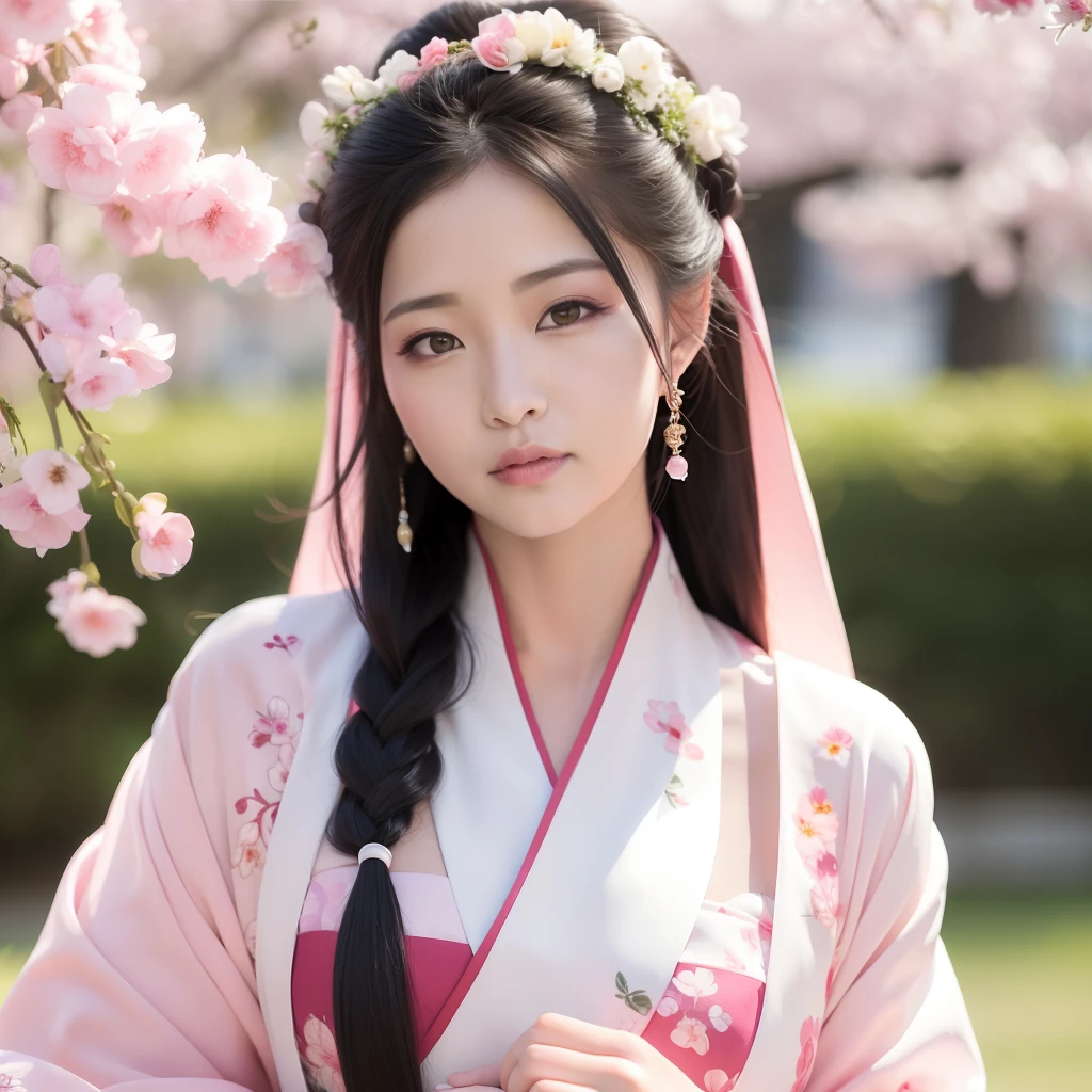 Best quality, 超高分辨率, (Photorealistic:1.8), 1girll, Blue_sky, Blurry, Blurry_Background, Blurry_foreground, branch, the bride_light yarn, Bride, cherry_blossoms, Chinese_clothes, curtain_Grab, Curtains, day, Depth_af_Field, flower, hanami, Hanfu, Lips, Long_Hair, Outdoors, parted_Lips, petals, Pink_flower, Pink_Theme, plum_blossoms, Shawl, Solo, Solo_Focus, Spring_\(season\), tree, The upper part of the body_Body, light yarn, Wedding, Wedding_dress, wisteria
