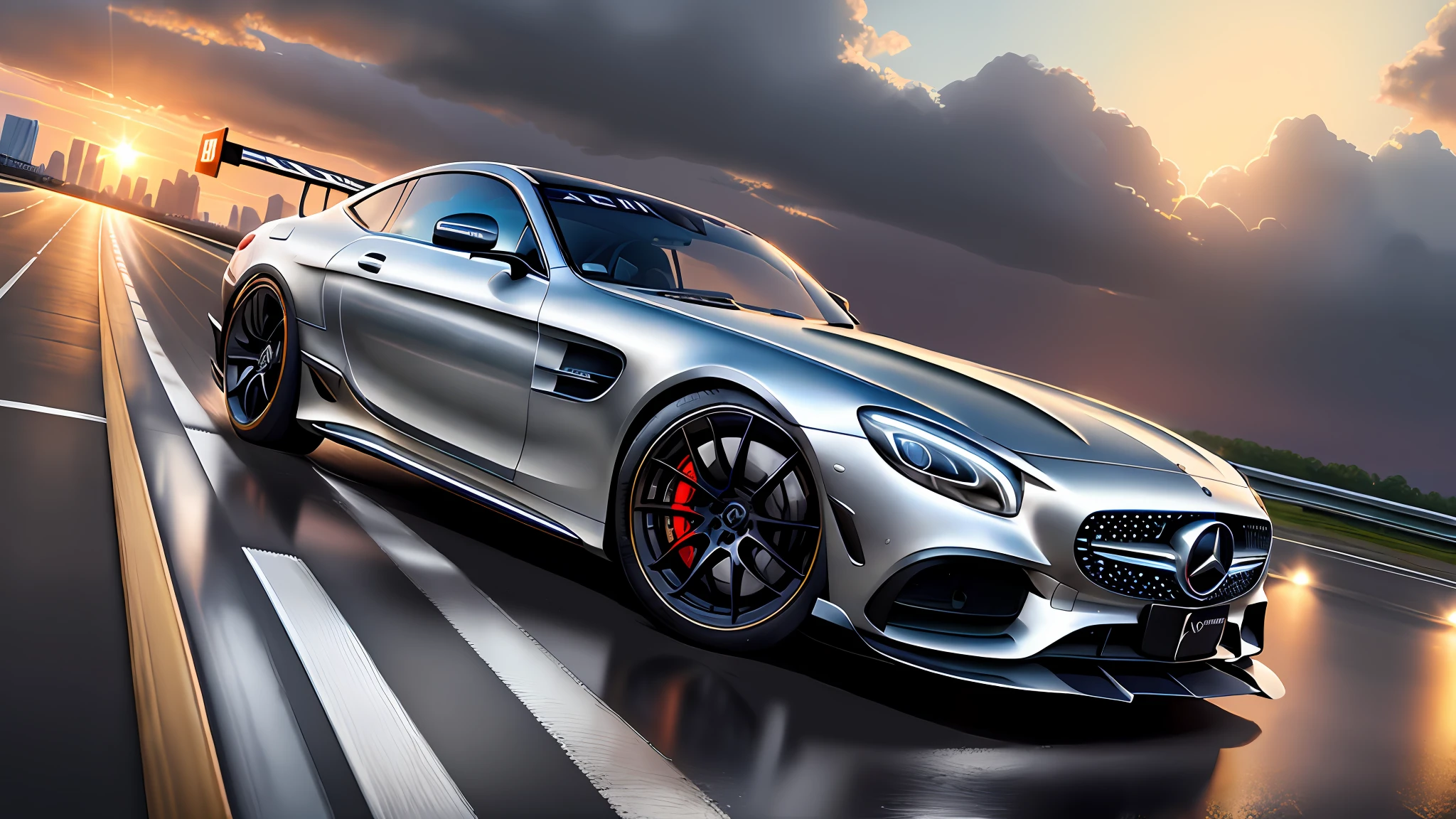 A Mercedes Benz driving on a city track, racing road, racing race sign, silver metal body, glass windows, metallic reflection, city track, tall building, sunset, photography, art station trend, sharp focus, intricate detail, high detail, ambient light, ray tracing