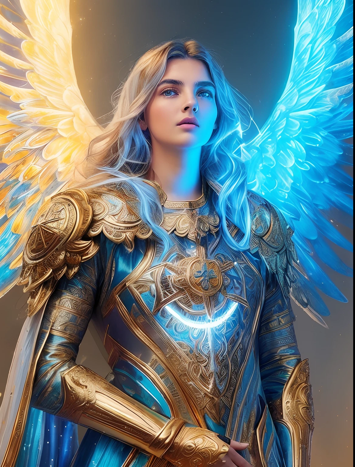 (((Holy GUARDIAN ANGEL. 19 years old))) (((IMAGEN VINTAGE RETRO))) ((( Con una cara seria y piadosa. Con una mirada dulce y tierna))) (obra maestra, calidad superior, mejor calidad, arte oficial, beautiful and aesthetic: 1.2), (1girl), extremadamente detallado, (Arte fractal: 1.3), colorido, highest detailed, Cara perfecta, parte superior del cuerpo, HDR, (orando: 1.3), (golden lines of white coat: 1.2), galaxia, (rayas de luz), eye-catching visuals, (dynamic stripes, senderos luminosos: 1.2), colores vibrantes,