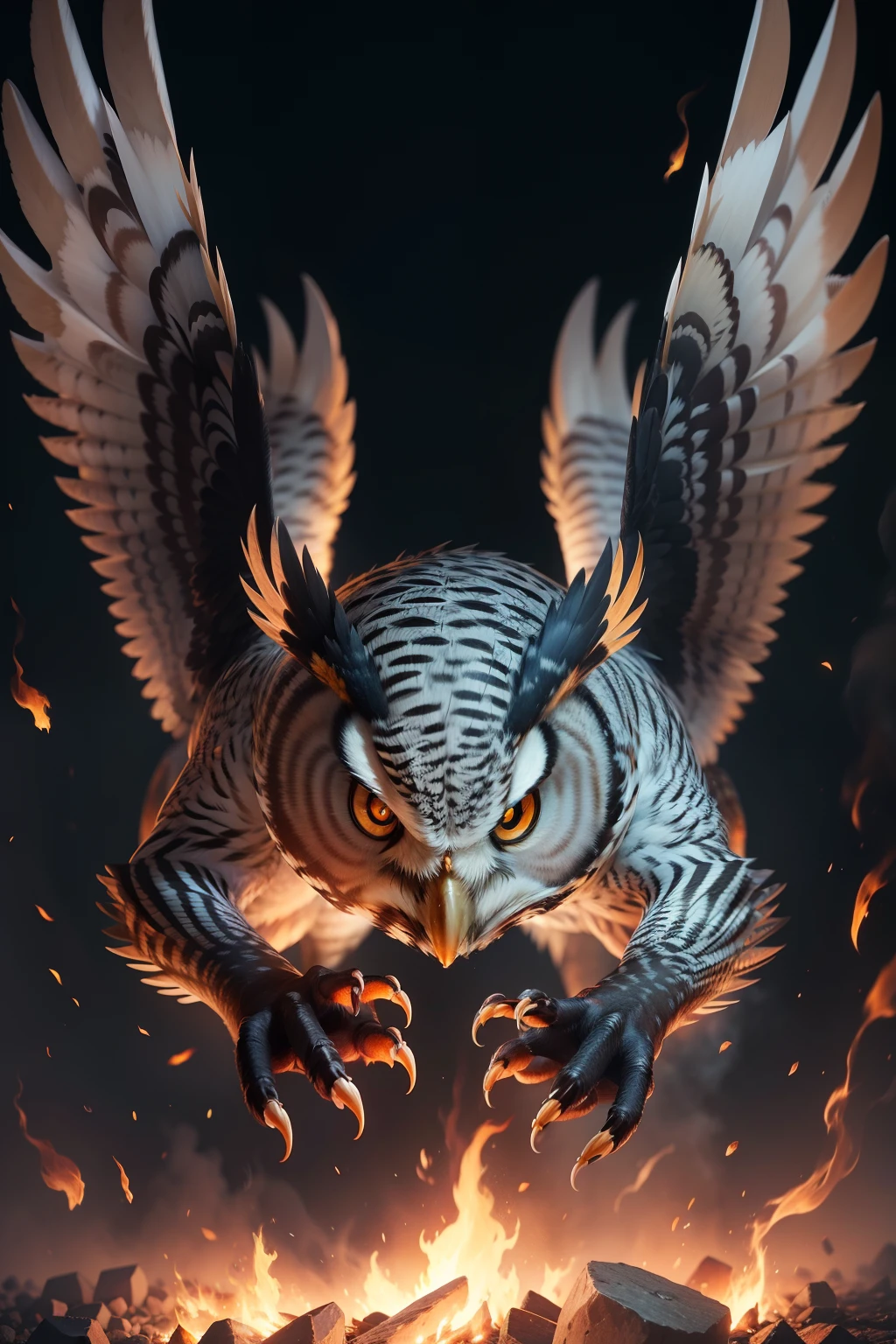photo Hyper realistic owl, Full HD with three eyes and claws coming out in attack, Bottom in fire