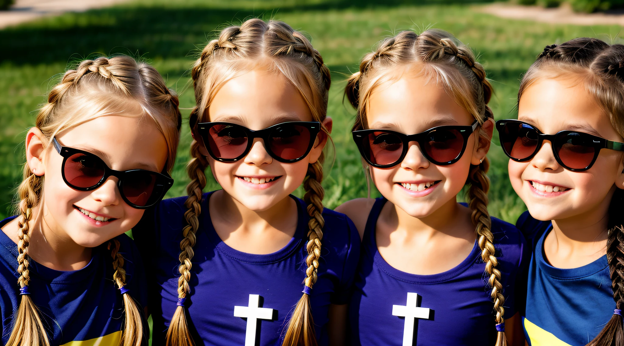 Three blonde girls children in braids with portrait of sunglasses, crosses.