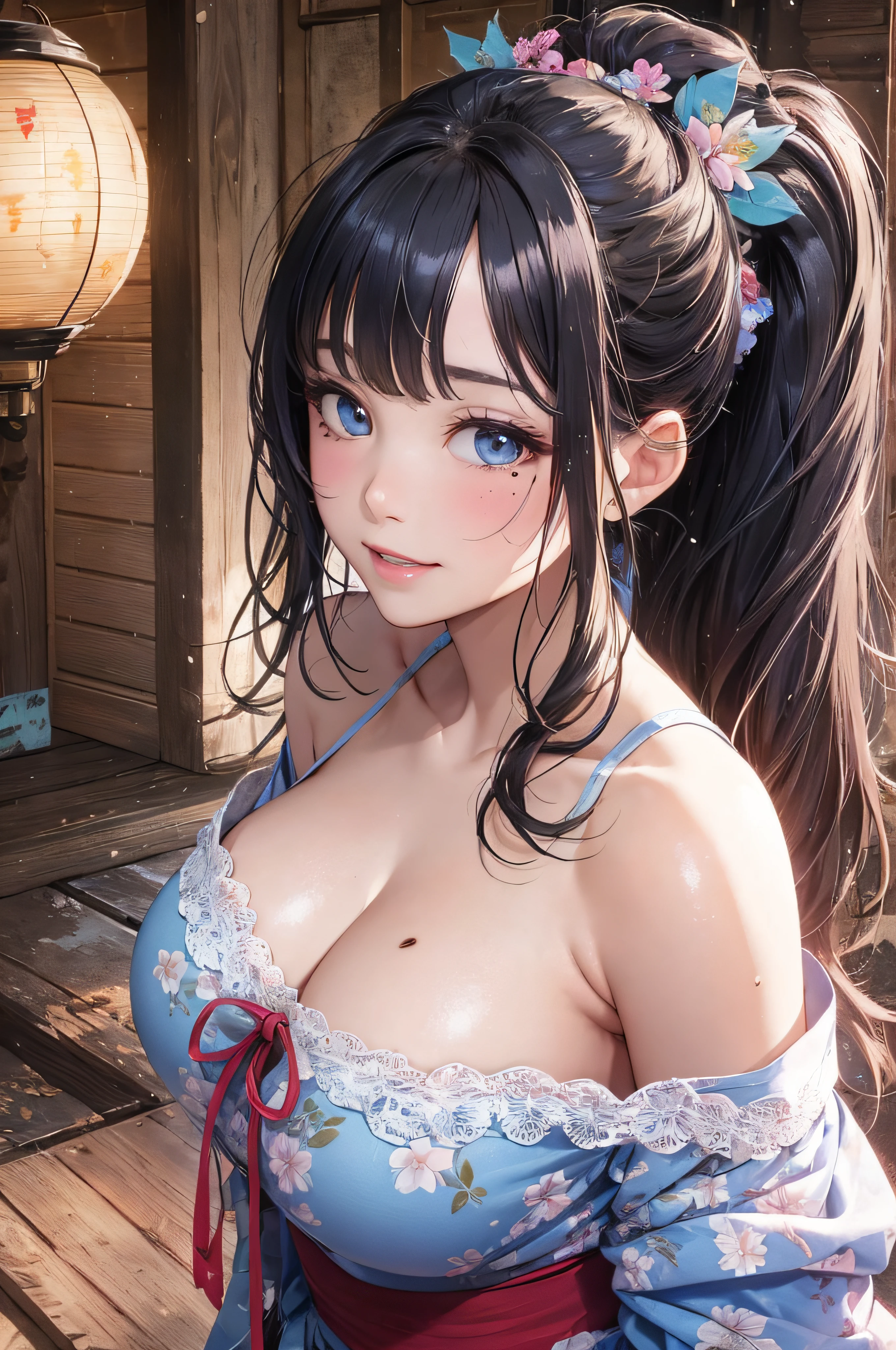 8K picture quality、top-quality、masutepiece、An ultra-high picture quality、ultra-detailliert、Ultra-realistic hair quality、Vibrant colors、Beautuful Women、Beautiful long hair、Shiny hair、detailed hairs、Blue Mesh、poneyTail、Blue eyes、shiny skin of moles in the corners of the eyes,,,,,,,,、Lace underwear、One mole in the valley、large pectoral muscles、Very gigantic-breasts、Sweat on the forehead and cheeks、extremely big ass、Fluffy off-shoulder yukata、A smile、soft pink lips、Ultra-realistic flesh feeling、Red cheeks、summer festival in background