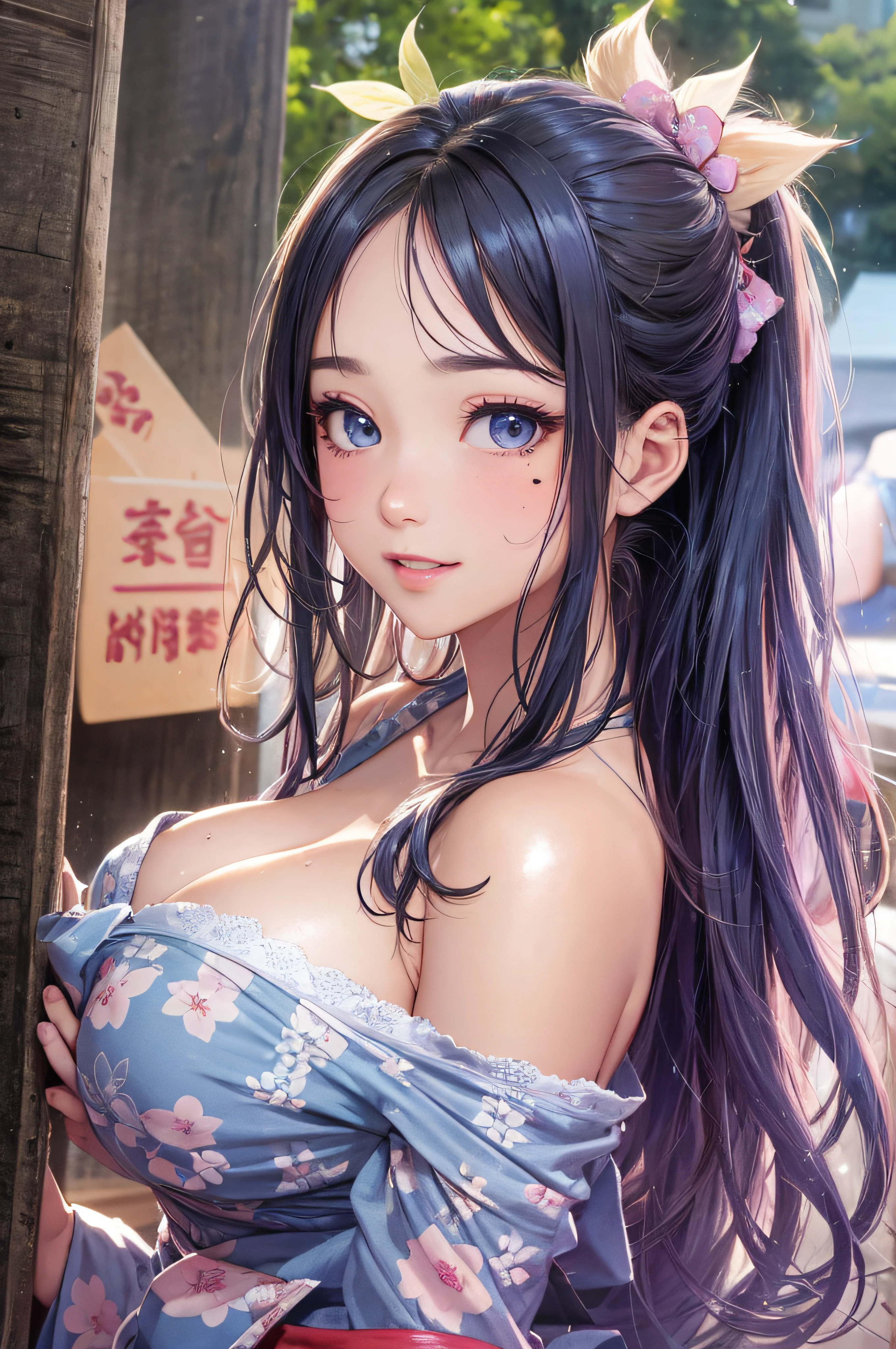 8K picture quality、top-quality、masutepiece、An ultra-high picture quality、ultra-detailliert、Ultra-realistic hair quality、Vibrant colors、Beautuful Women、Beautiful long hair、Shiny hair、detailed hairs、Blue Mesh、poneyTail、Blue eyes、shiny skin of moles in the corners of the eyes,,,,,,,,、Lace underwear、One mole in the valley、large pectoral muscles、Very gigantic-breasts、Sweat on the forehead and cheeks、extremely big ass、Fluffy off-shoulder yukata、A smile、soft pink lips、Ultra-realistic flesh feeling、Red cheeks、summer festival in background