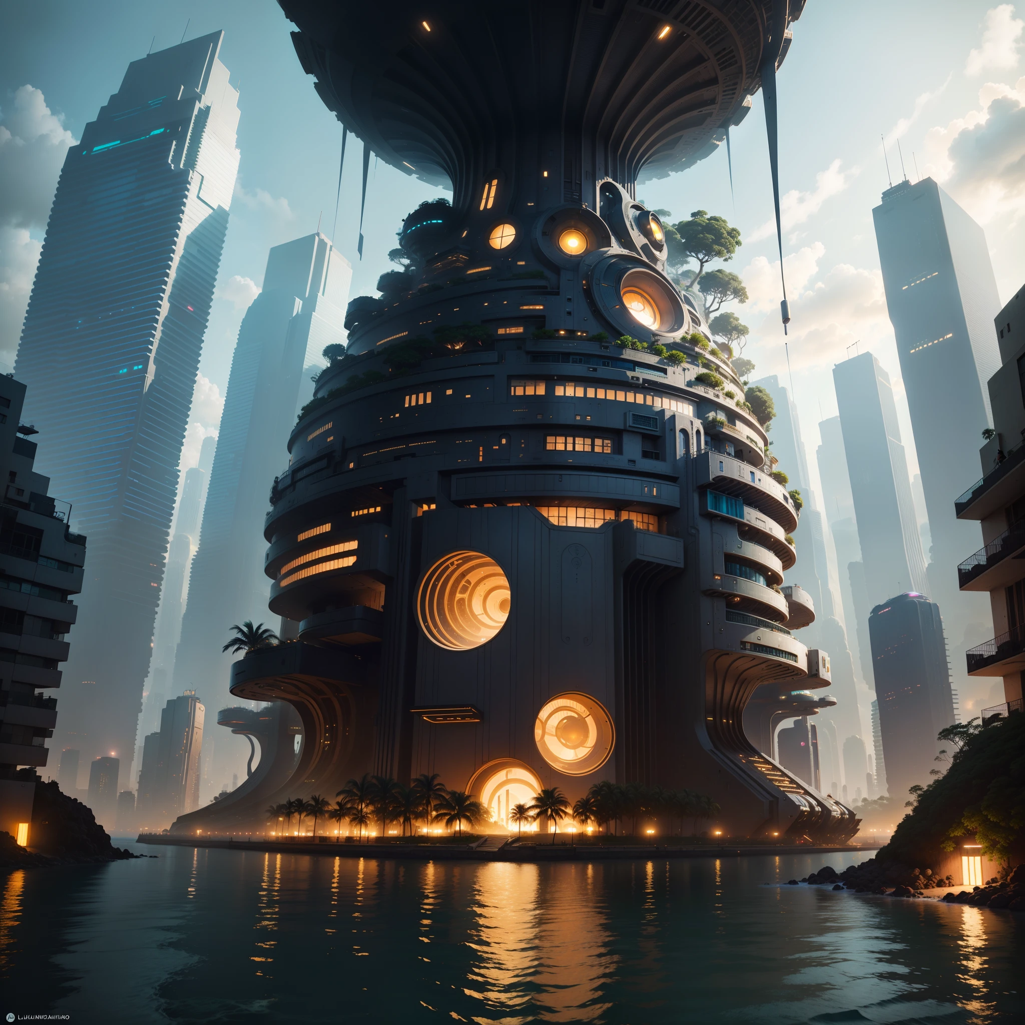 a close up of a futuristic city Hawaii Lahaina with a lot of lights, painting from the water view, style by Jaime Frias, hyper-futuristic city, otherwordly futuristic city, human futuristic city, futuristic dystopian city, alien futuristic city, city of the future, futuristic city, futuristic utopian metropolis, ice city in 2 0 8 0, futuristic utopian city, Hawaii Lahaina in the year 2 0 7 0, futuristic alien city