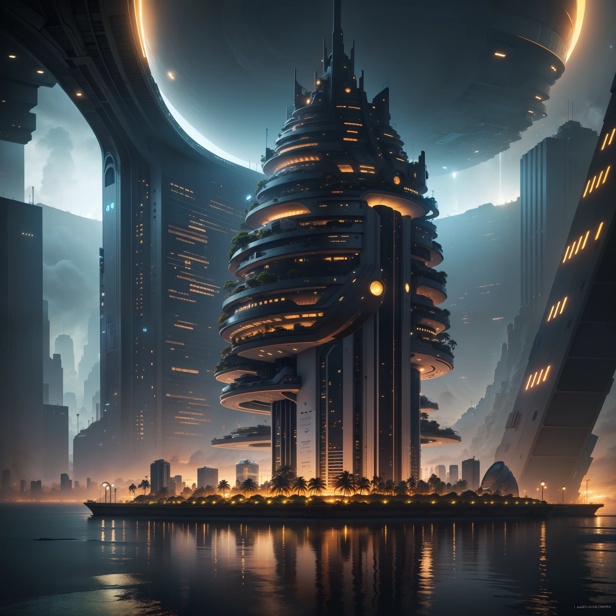 a close up of a futuristic city Hawaii Lahaina with a lot of lights, painting from the water view, style by Jaime Frias, hyper-futuristic city, otherwordly futuristic city, human futuristic city, futuristic dystopian city, alien futuristic city, city of the future, futuristic city, futuristic utopian metropolis, ice city in 2 0 8 0, futuristic utopian city, Hawaii Lahaina in the year 2 0 7 0, futuristic alien city