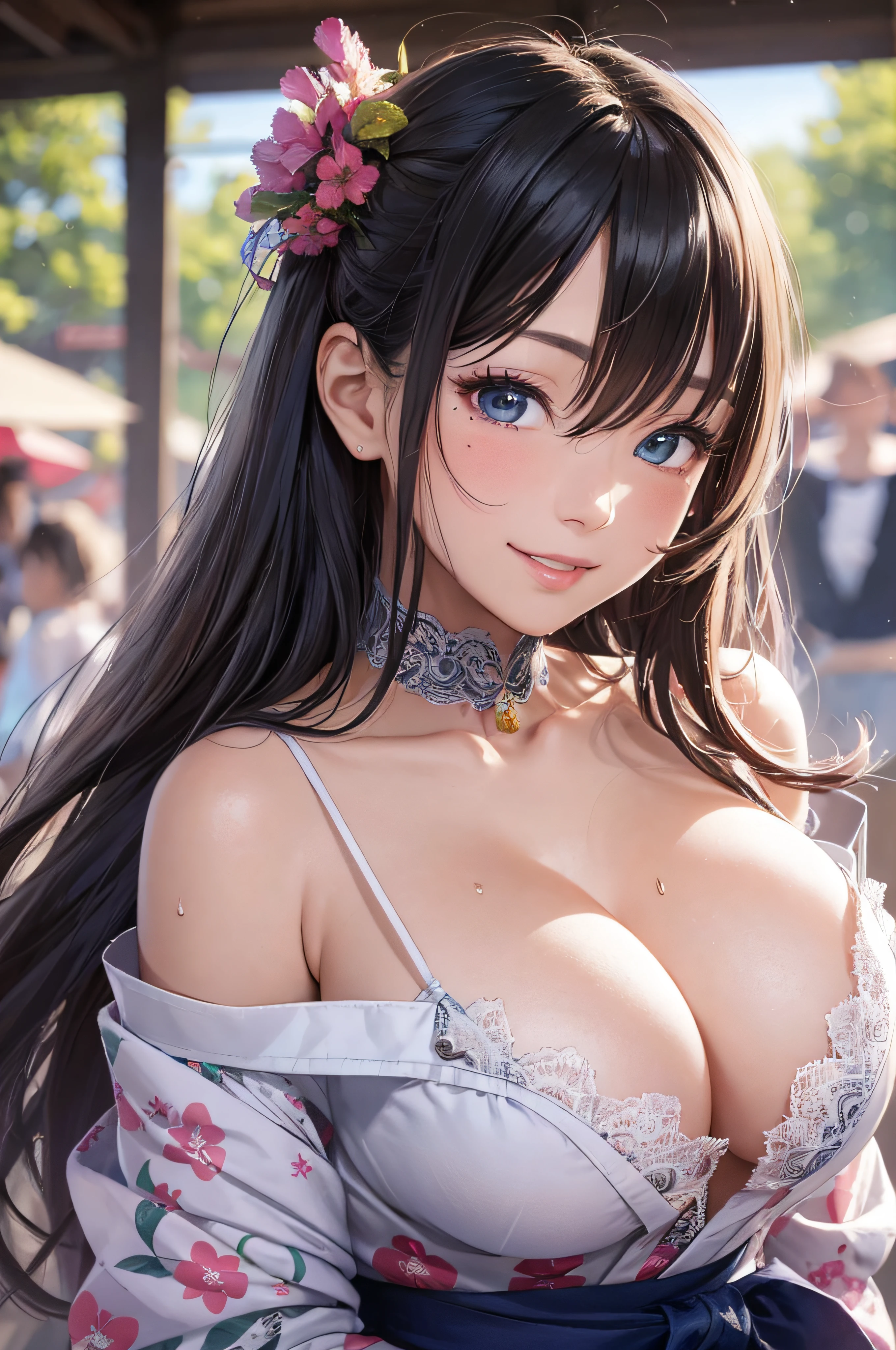 8K picture quality、top-quality、masutepiece、An ultra-high picture quality、ultra-detailliert、Ultra-realistic hair quality、Vibrant colors、Beautuful Women、Beautiful long hair、Shiny hair、detailed hairs、Blue Mesh、poneyTail、Blue eyes、shiny skin of moles in the corners of the eyes,,,,,,,,、Lace underwear、One mole in the valley、large pectoral muscles、Very gigantic-breasts、Sweat on the forehead and cheeks、extremely big ass、Fluffy off-shoulder yukata、A smile、soft pink lips、Ultra-realistic flesh feeling、Red cheeks、summer festival in background
