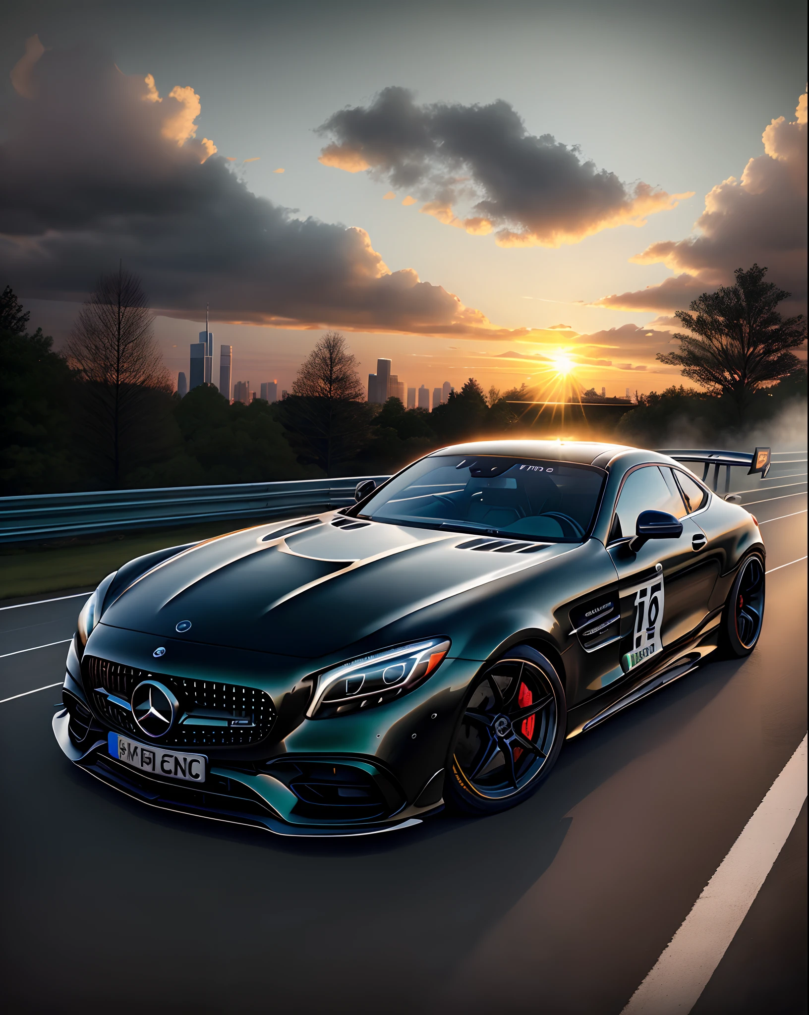 A Mercedes Benz amg serie black driving on a city track, racing road, racing race sign, green metal body, glass windows, metallic reflection, city track, tall building, sunset, photography, art station trend, sharp focus, intricate detail, high detail, ambient light, ray tracing