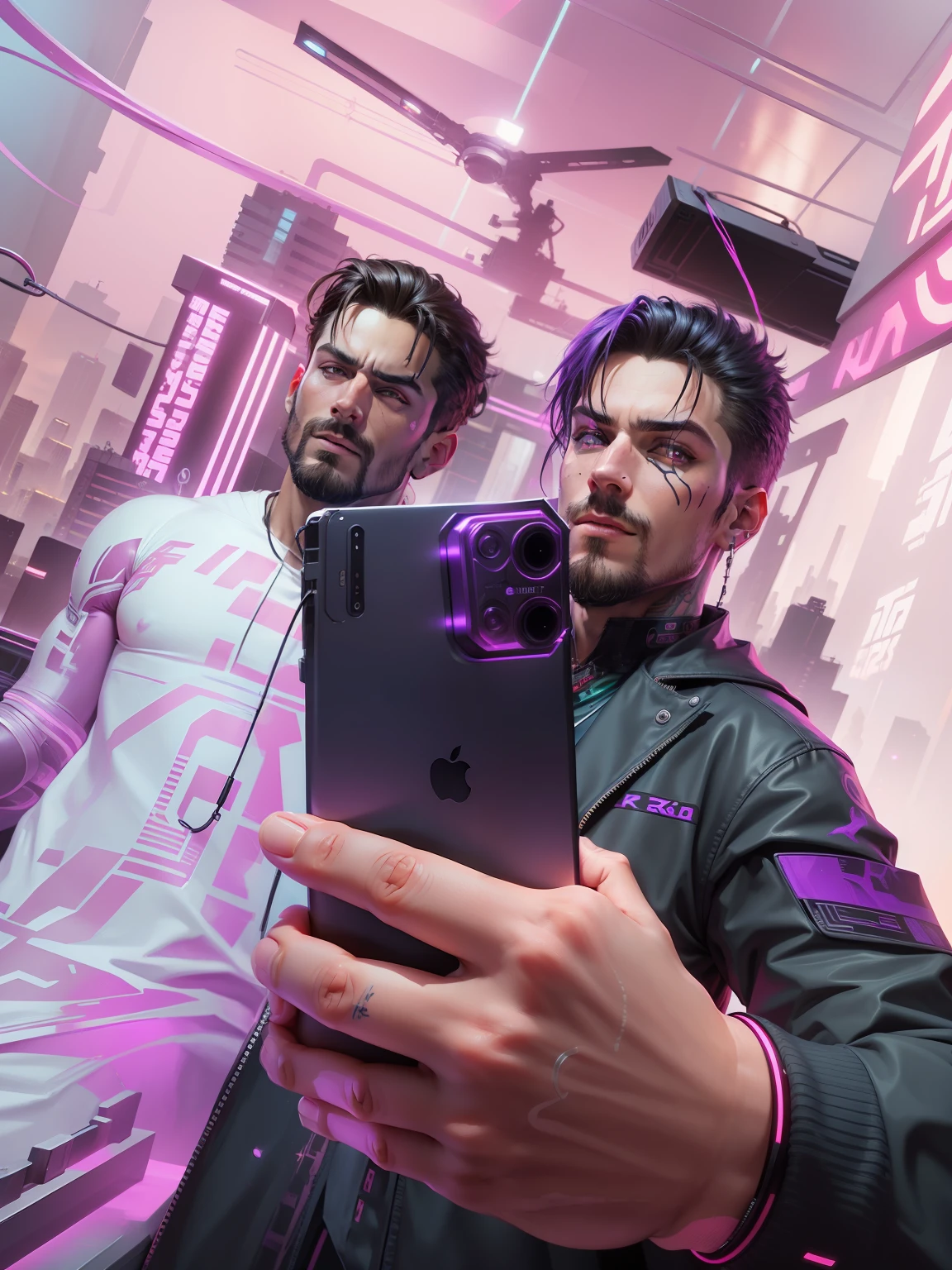 Handsome man change background cyberpunk. 8k ultra