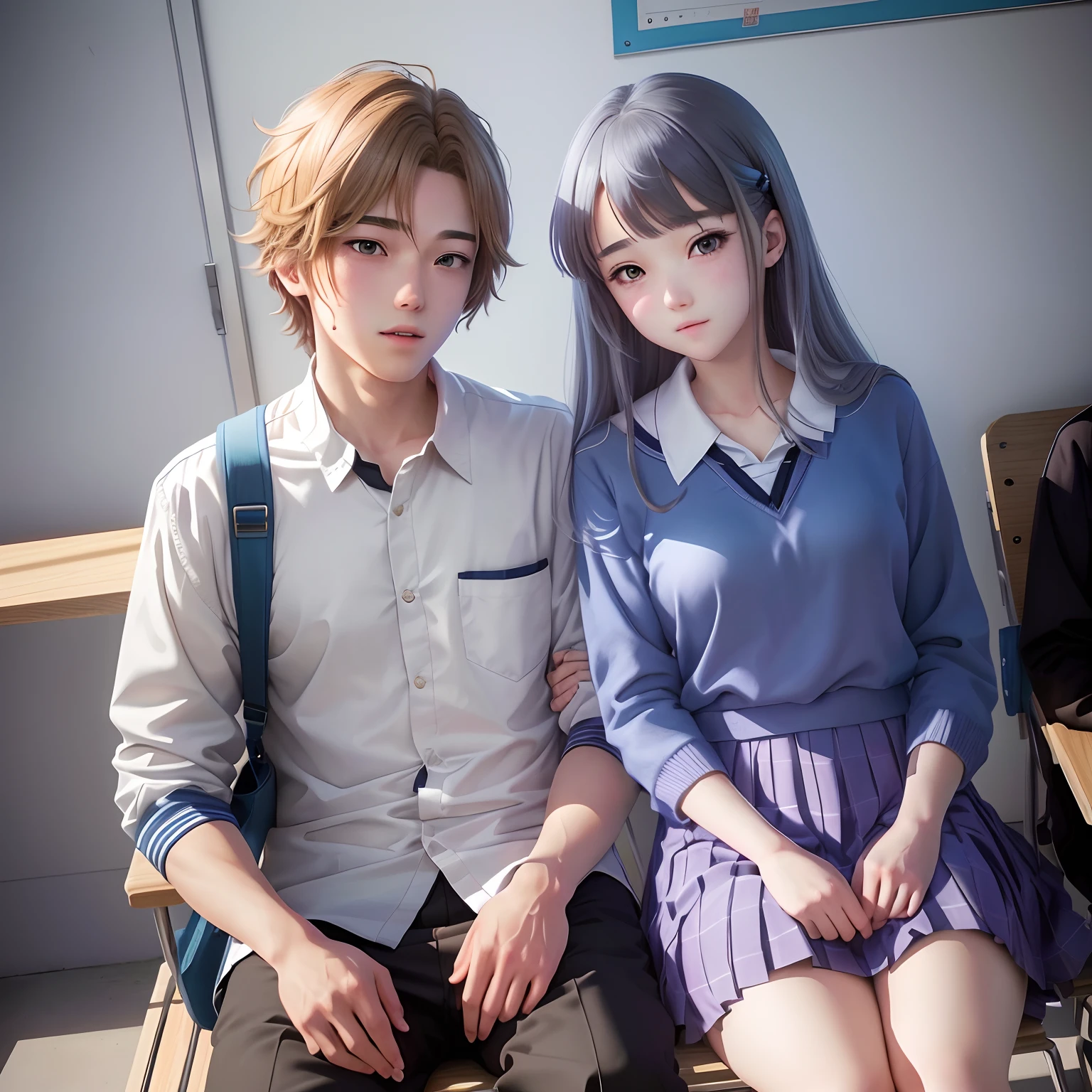 A middle school couple,in school uniform,They sat together on benches in a room, Realistic anime 3 D style, Photorealistic anime, Realistic anime, hyper realistic anime, Anime characters from real life, 3 d anime realistic, In anime style, realistic - anime, anime realism style, hyperrealistic student, Anime cosplay, Smooth anime CG art, realistic anime artstyle, Beautiful anime high school student