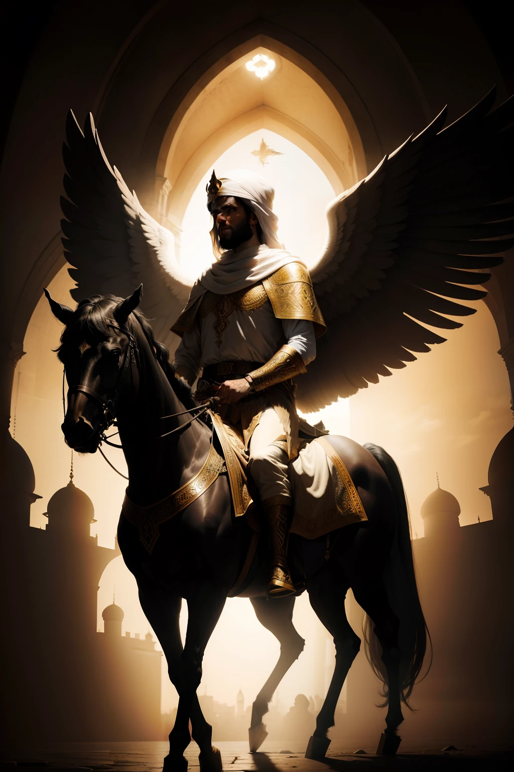 prompt image/ Prophet Muhammad's asension, in Al Buraq square riding his winged black steed, subindo aos seus em uma luz verde.