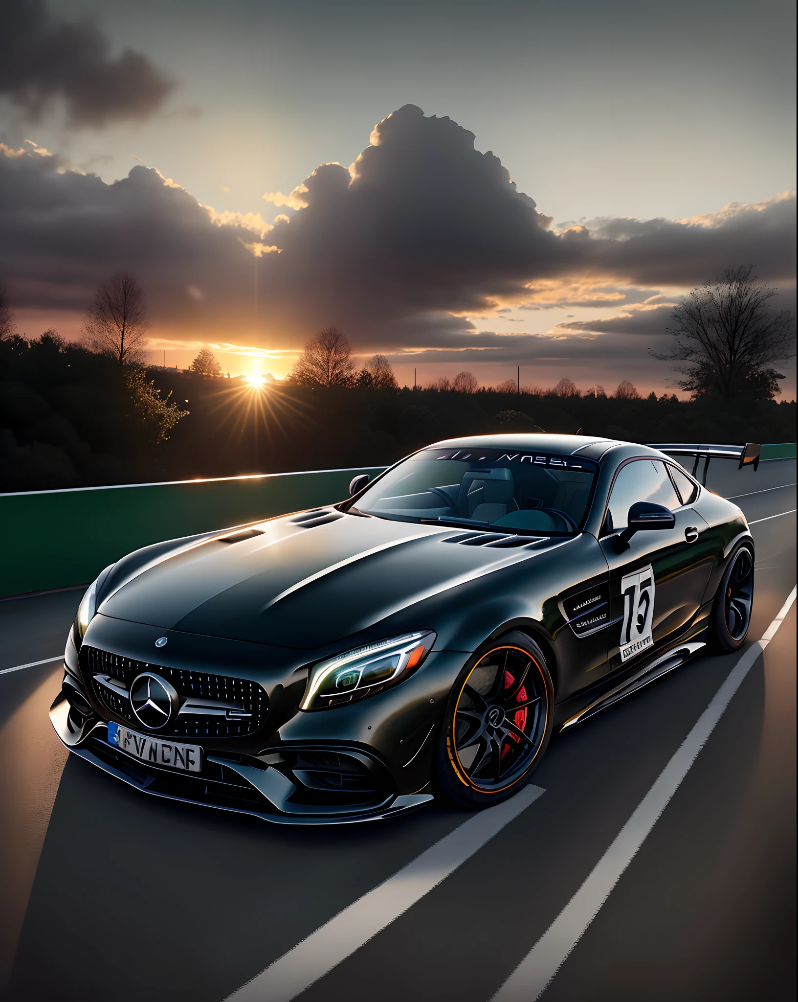 A Mercedes Benz amg serie black driving on a city track, racing road, racing race sign, green metal body, glass windows, metallic reflection, city track, tall building, sunset, photography, art station trend, sharp focus, intricate detail, high detail, ambient light, ray tracing