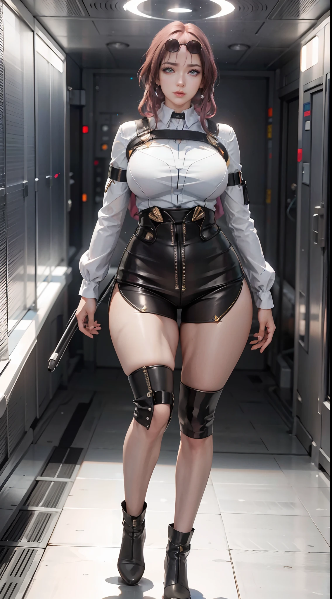 Unreal Engine 5, Realistic Rendering, wearing cosplay Kafka from Honkai Star Rail, Honkai Star Rail, game character, cosplayer, walking down hallway of futuristic space station, beautiful face, makeup, (thicc muscular:1.3), (muscle abs:1.3), huge fake boobs:1.5), lower is huge buttocks, jealous, highres, highres, 1080P, UHD, masterpiece