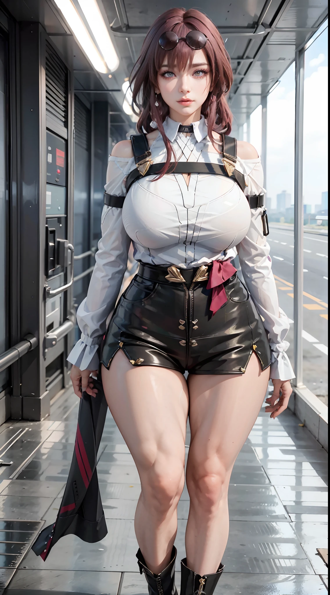 One woman,whole body,Standing,Big Breasts,Red hair,ponytail,White jacket,A tight black tank top underneath,Tight white leather shorts,Long black leather boots,Race Queen,circuit,sunny