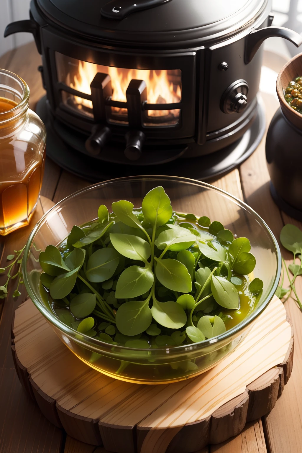 Glass pot with honey on wood stove watercress leaves and guaco
