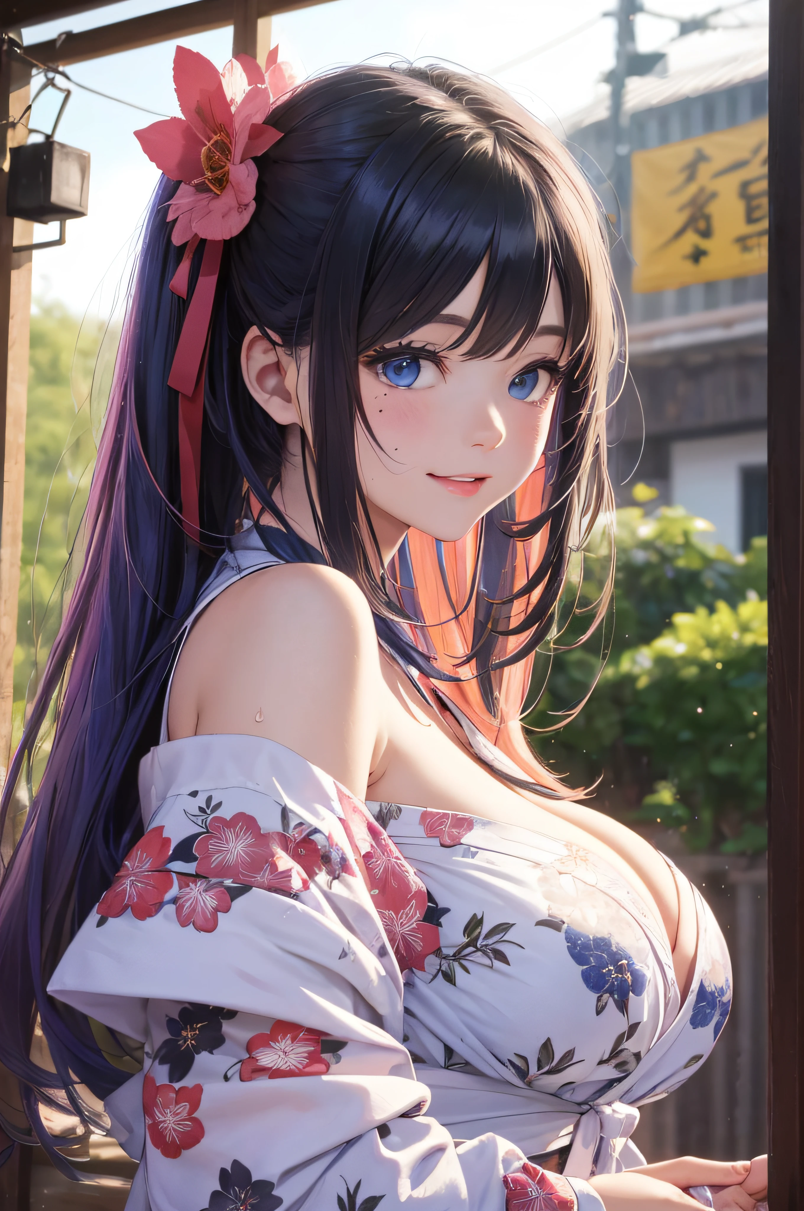 8K picture quality、top-quality、masutepiece、An ultra-high picture quality、ultra-detailliert、Ultra-realistic hair quality、Vibrant colors、Beautuful Women、Beautiful long hair、Shiny hair、detailed hairs、Blue Mesh、poneyTail、Blue eyes、shiny skin of moles in the corners of the eyes,,,,,,,,,、Lace underwear、One mole in the valley、large pectoral muscles、Very gigantic-breasts、Sweat on the forehead and cheeks、extremely big ass、Fluffy off-shoulder yukata、A smile、soft pink lips、Ultra-realistic flesh feeling、Red cheeks、summer festival in background