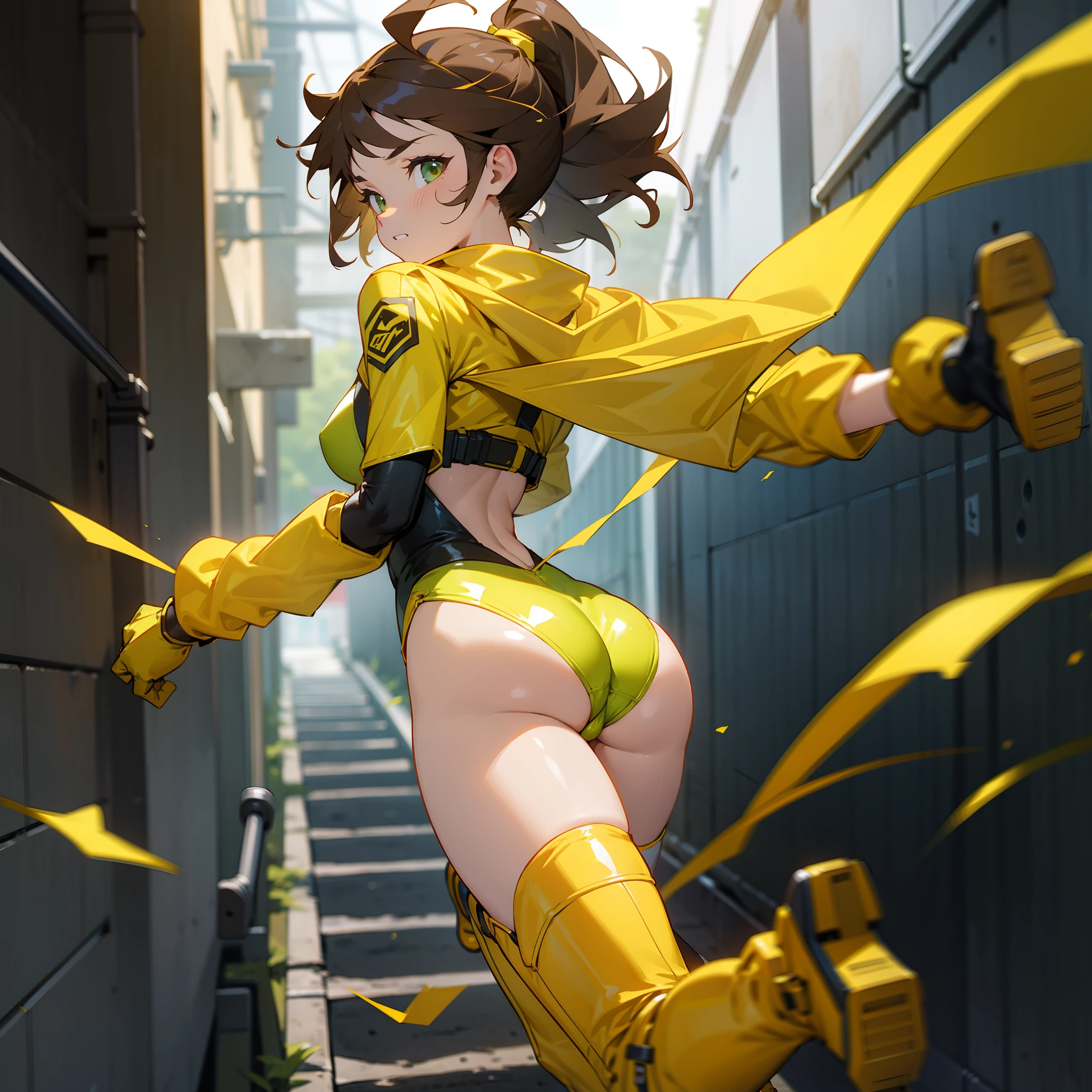 Brunette, athletic, green leotard, yellow boots, yellow utility belt, yellow gloves, running down alleyway, from behind