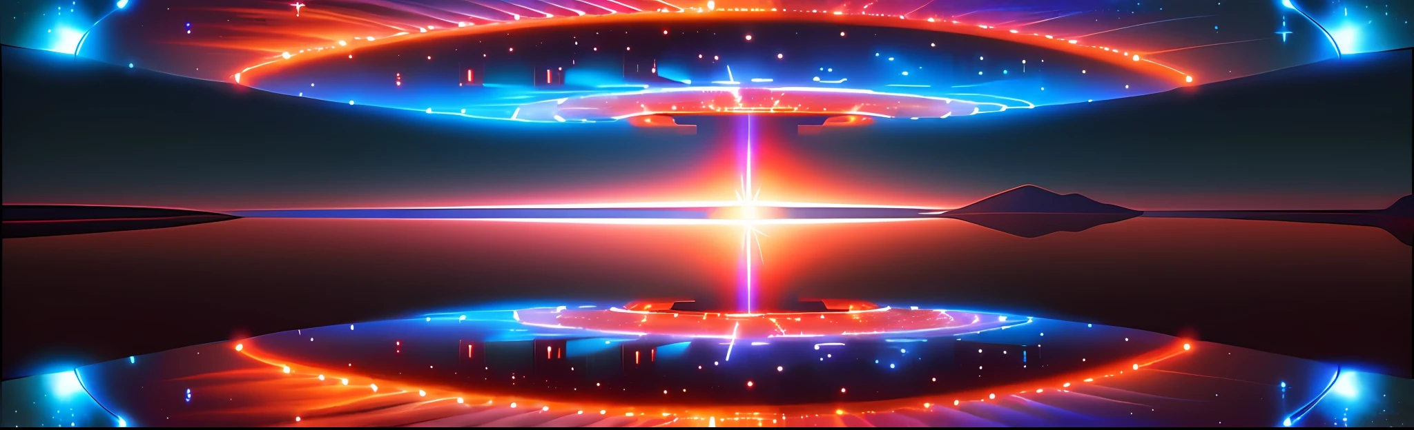 Arafed image of a blue and red sky with a large object in the middle, Shusei Nagaoka, pano de fundo do Cosmos, Star - Gate of Futurisma, Naoya Tanaka, cosmic scale, O interior de um OVNI, cosmic atmosphere, Hyperspace, Space Station Light Reflections, masami kurumada, gradiente fractal espacial, television still, megaestrutura de fundo