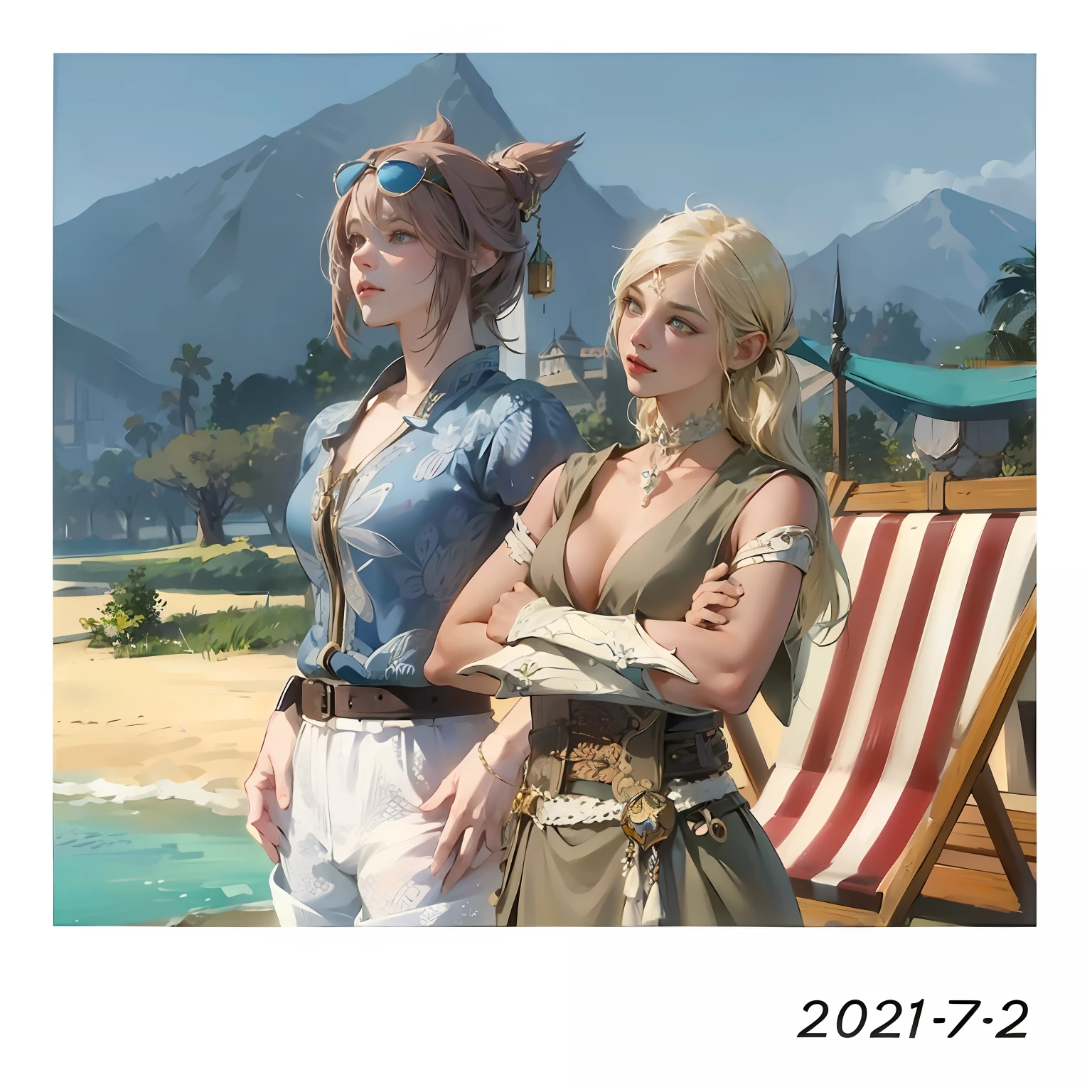 Two female characters standing side by side on the beach,《Final Fantasy 14》big breasts and big breasts《Final Fantasy 12》A style in which elements blend together。The last scene shown in the middle shot,Square Enix style,Fantasy elements blend in。1:5 scale conceptual art style,Refer to the 2022 production《Final Fantasy XIII》Screenshots of the game。