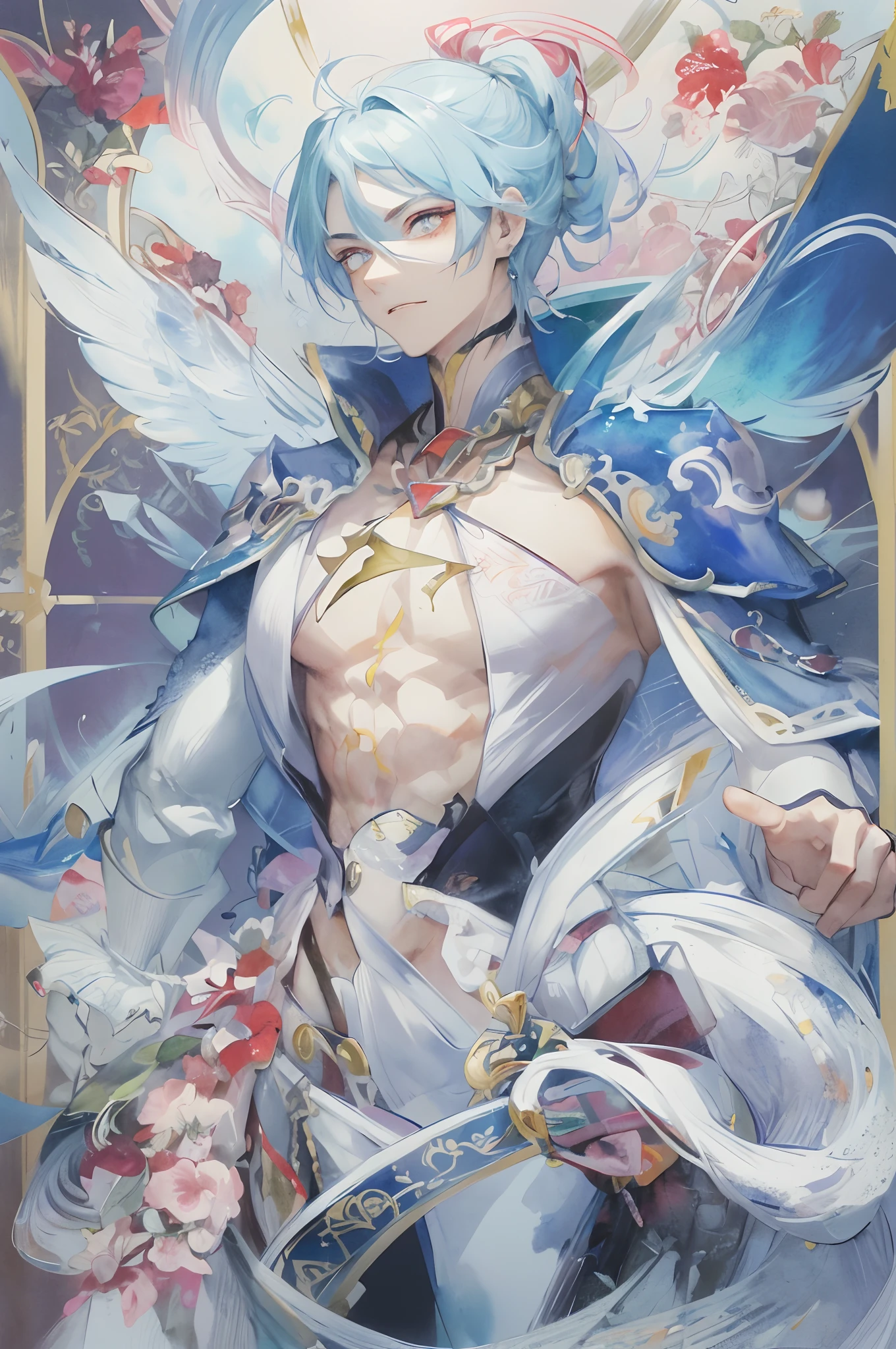 absurdres, highres, ultra detailed, HDR, master piece, best quality, perfect face, Neuvillette, white hair, expressive blue eyes, Genshin Impact, solo, sexy man, handsome, toned chest, sensual, erotic, black clothes, black pants, a winter fantasy world, snowflakes dropping down the sky, everything has turned into ice, a white dragon flying in the distance, exotic colors, magical, powers
