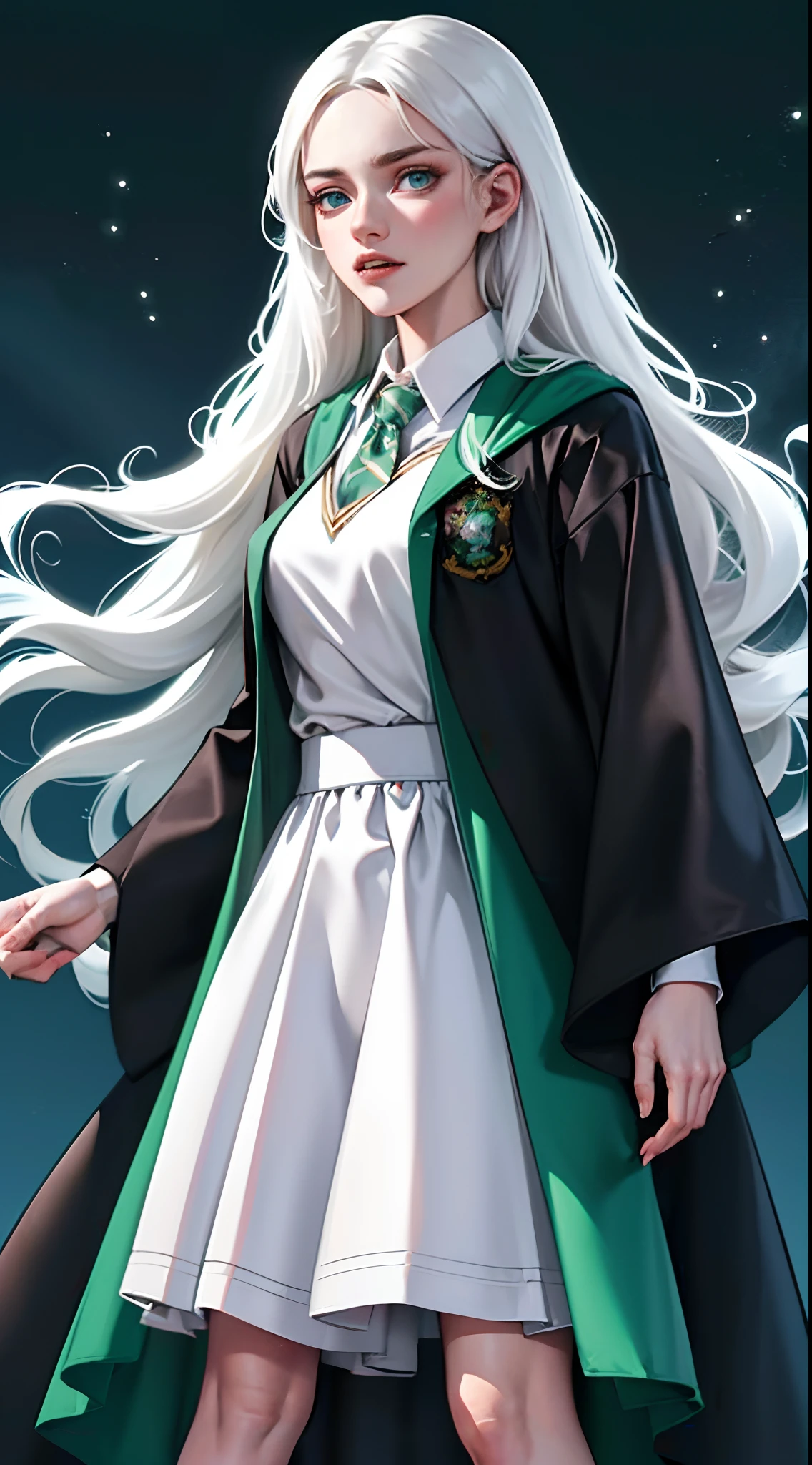 (hight resolution, Best Quality:1.2), brilliance, soft contour, a beautiful painting, Cowboy Shot, (masutepiece), 1girl in, Beautiful Girl, Simple background, hogwarts school uniform, hogsks, Slytherin, straight white hair, Light blue eyes, Angry look, School Dress, Long skirt, Green tie, cool lady