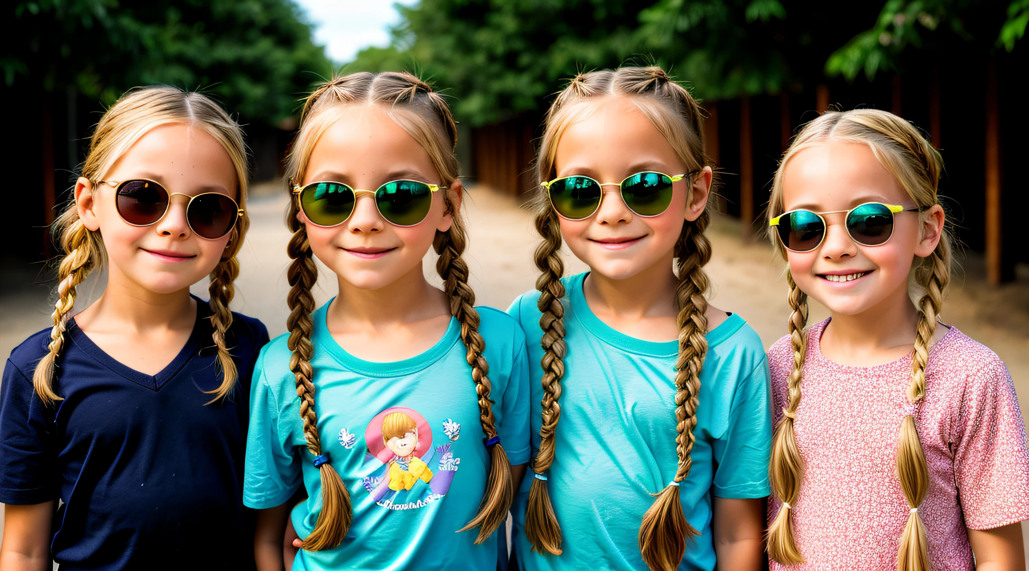 Three blonde girls children in braids with portrait of sunglasses, fundo verde.