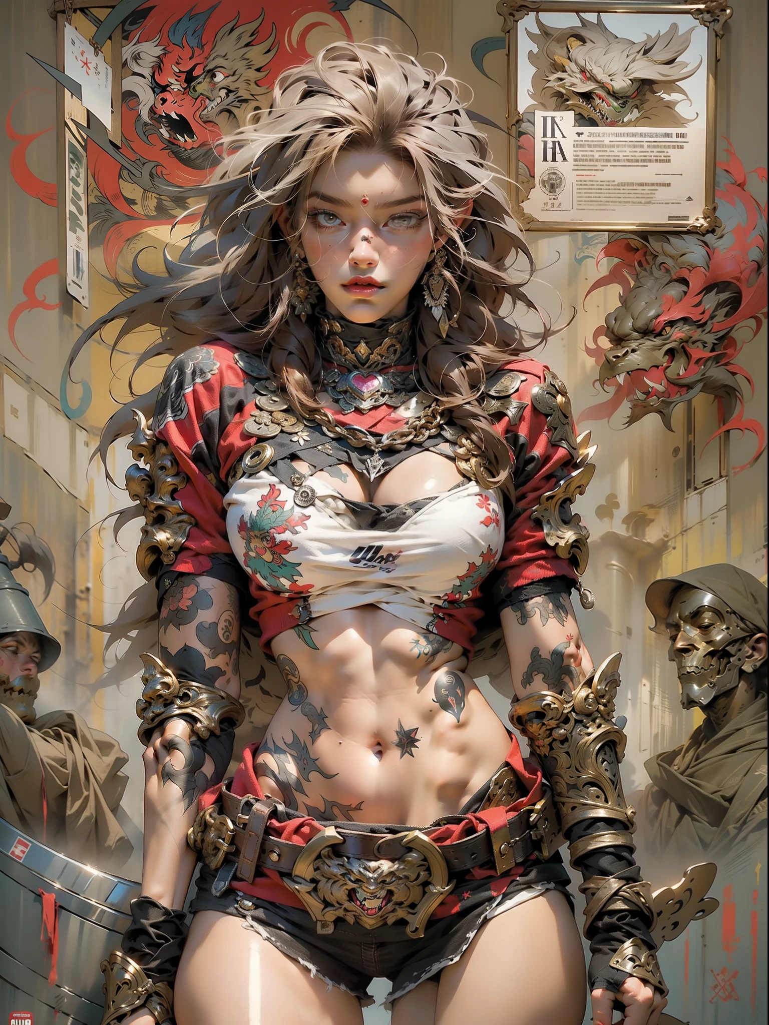 (((mulher))), (((melhor qualidade))), (((obra prima))), (((adulta))), Uma guerreira steampunk mulher de 35 anos com corpo perfeito, Brooklyn Gladiators, (( under boobs )), (((capuz vermelho))), quase nua no estilo selvagem urbano de Simon Bisley para a capa da revista Heavy Metal, cabelo verde, Minimum clothing, red and white checkered pattern, armadura, cheio de pontas e rebites, tatuagem tribal, (((do joelho pra cima))), cabelo verde desalinhado