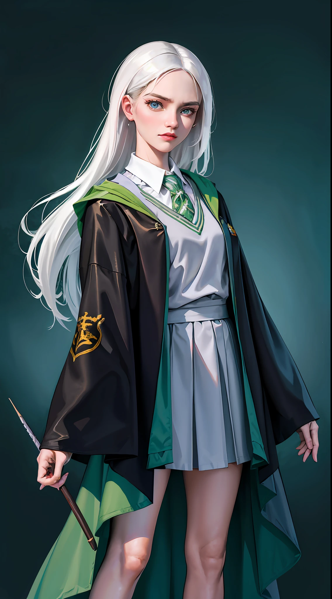 (hight resolution, Best Quality:1.2), brilliance, soft contour, a beautiful painting, Cowboy Shot, (masutepiece), 1girl in, Beautiful Girl, Simple background, hogwarts school uniform, hogsks, Slytherin, straight white hair, Light blue eyes, Angry look, School Dress, Long skirt, Green tie, cool lady