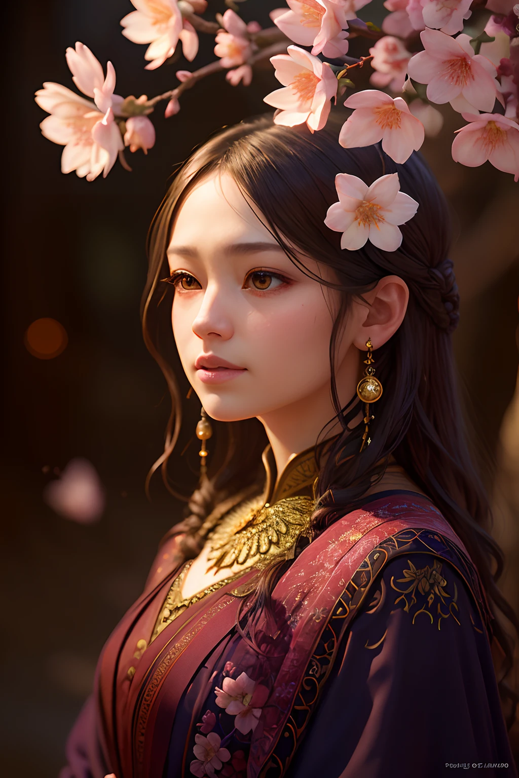 A flower by Casey Weldon, Olga Kvasha, Miho Hirano, hyperdetailed intricately detailed gothic art trending on Artstation triadic colors Unreal Engine 5 detailed matte painting, deep color, fantastical, intricate detail, splash screen, complementary colors, fantasy concept art, 8k resolution, gothic deviantart masterpiece, (dark shot:0.9), art by greg rutkowski and artgerm, soft cinematic light, adobe lightroom, photolab, hdr, intricate, highly detailed,   cherry blossom,