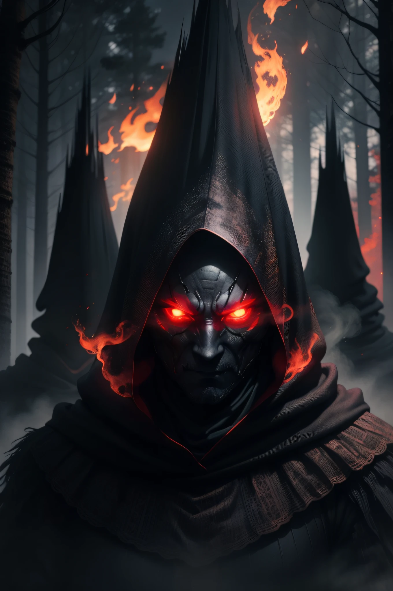 three black smoke wraiths, glowing red eyes, dark enchanted forest, nightime, realistic detailed