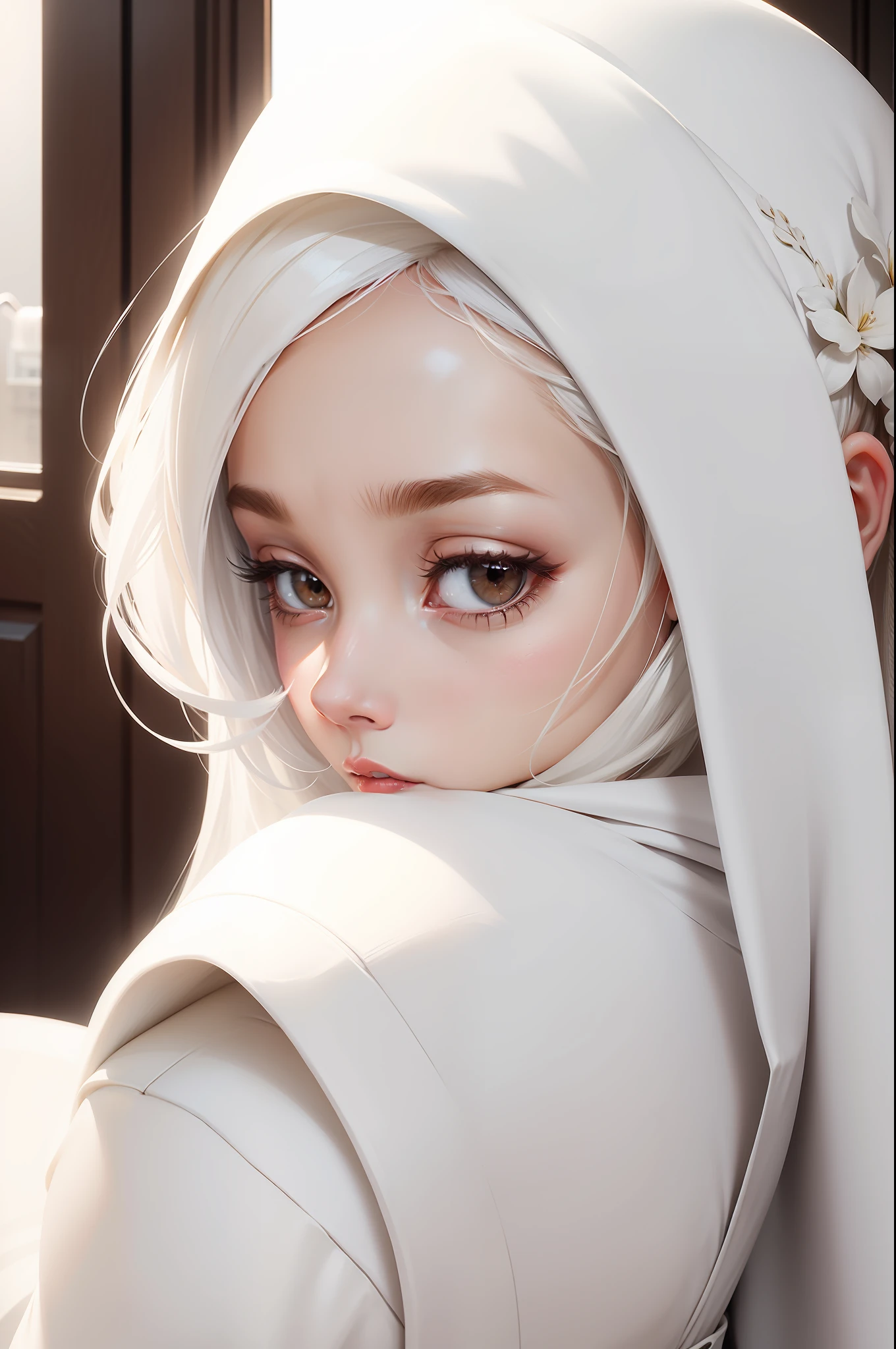 there is a woman in a corset sitting on a table, 8k high quality detailed art, realistic fantasy render, artwork in the style of guweiz, fantasy art style, perfect white haired girl, realistic fantasy illustration, fanart best artstation, witcher)), realistic fantasy artwork, 2b, 2 b, hyperrealistic fantasy art